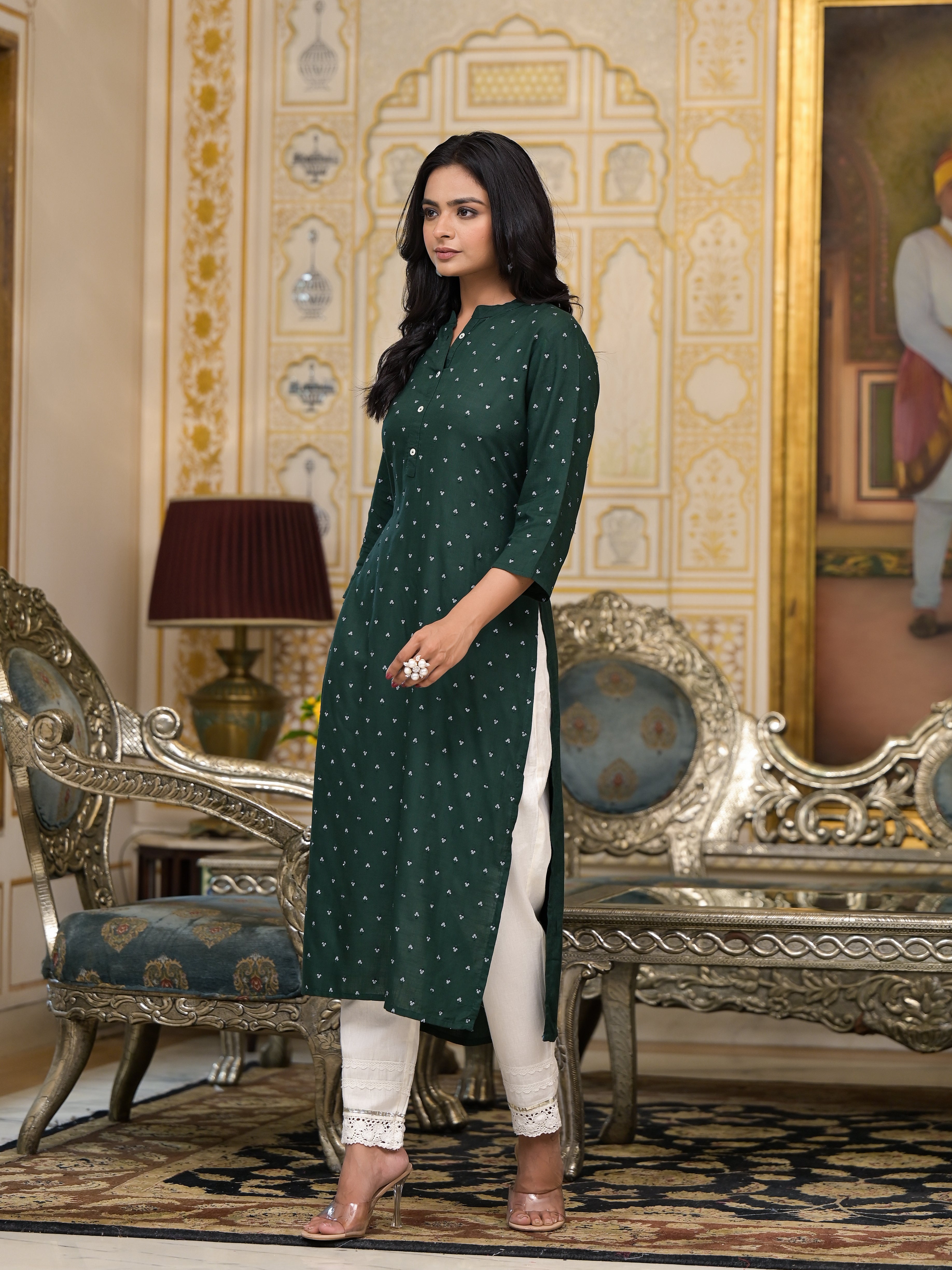 Bottle Green Liva Rayon Kurta With Buttons Details