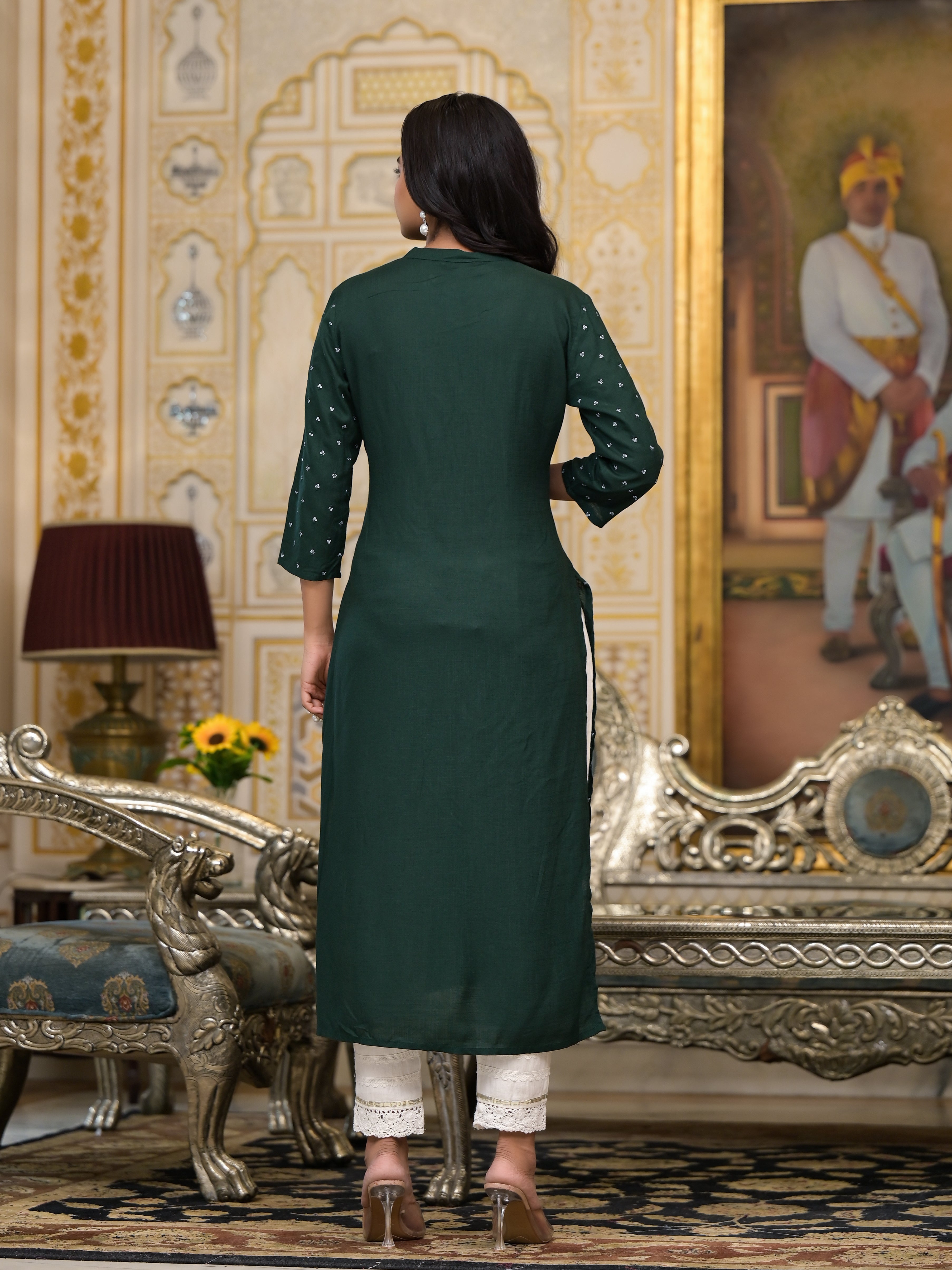 Bottle Green Liva Rayon Kurta With Buttons Details