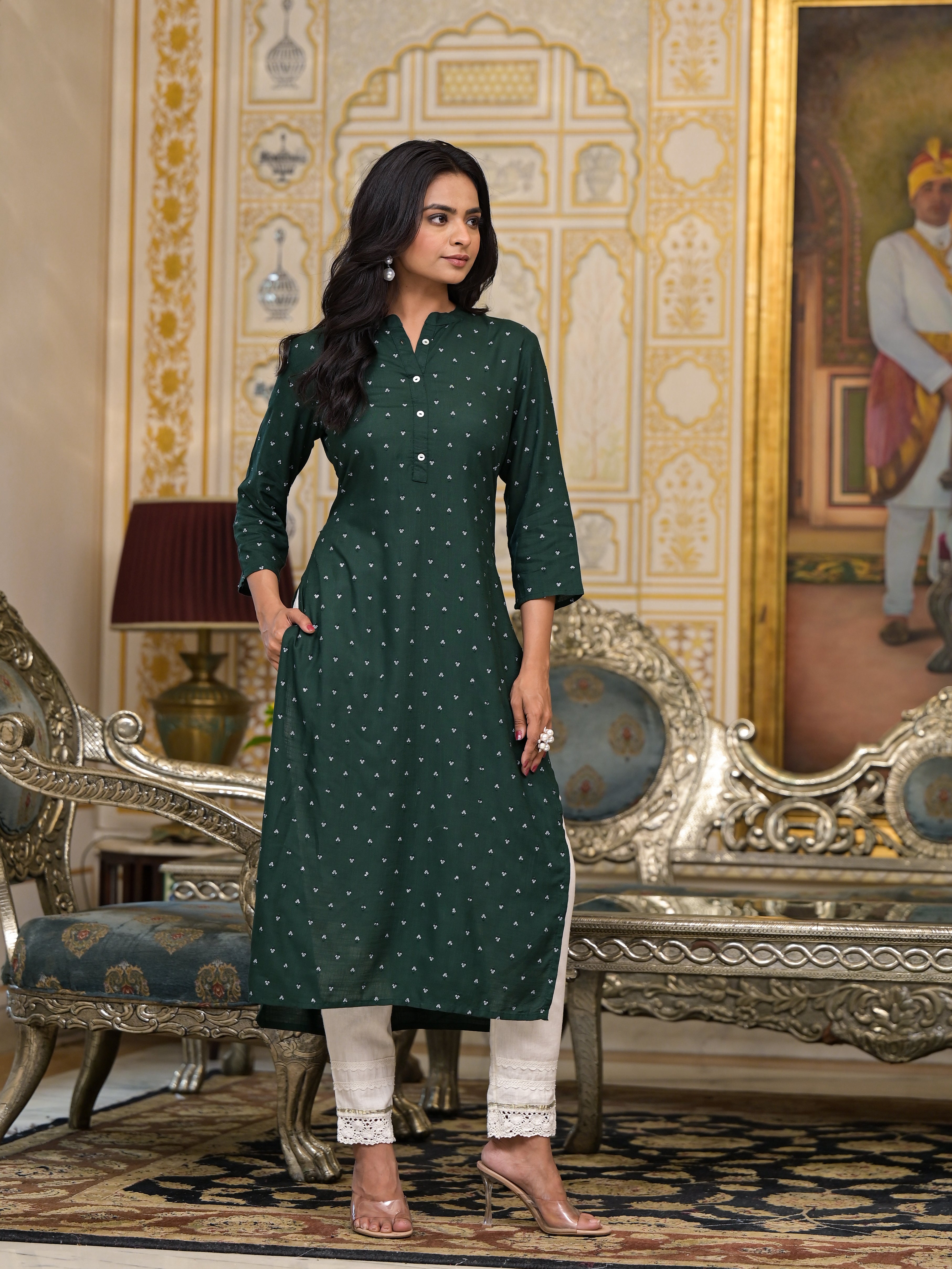 Bottle Green Liva Rayon Kurta With Buttons Details