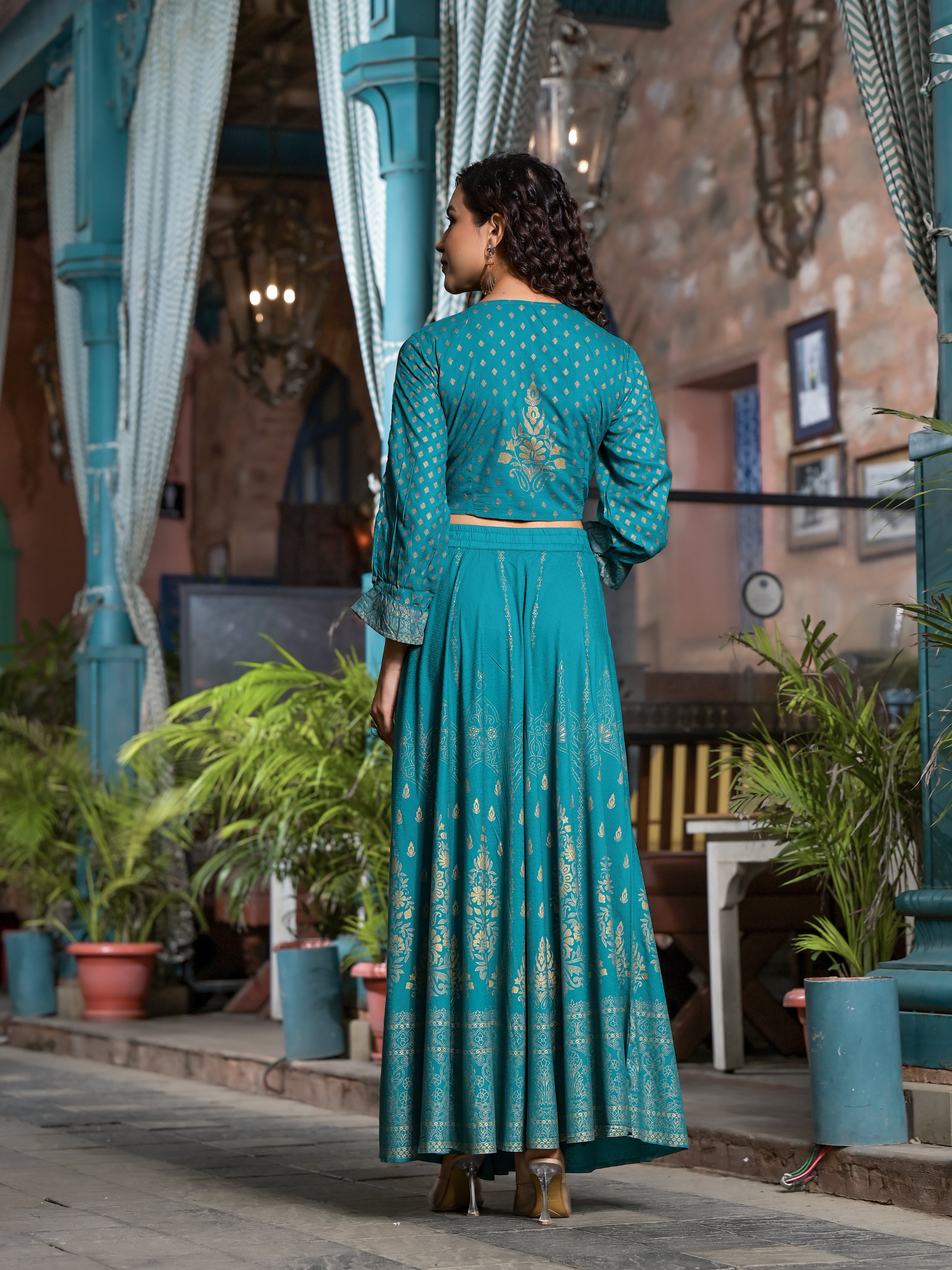 Teal Ethnic Motif Printed Liva Rayon Lehnga & Choli Set With Coins & Beads