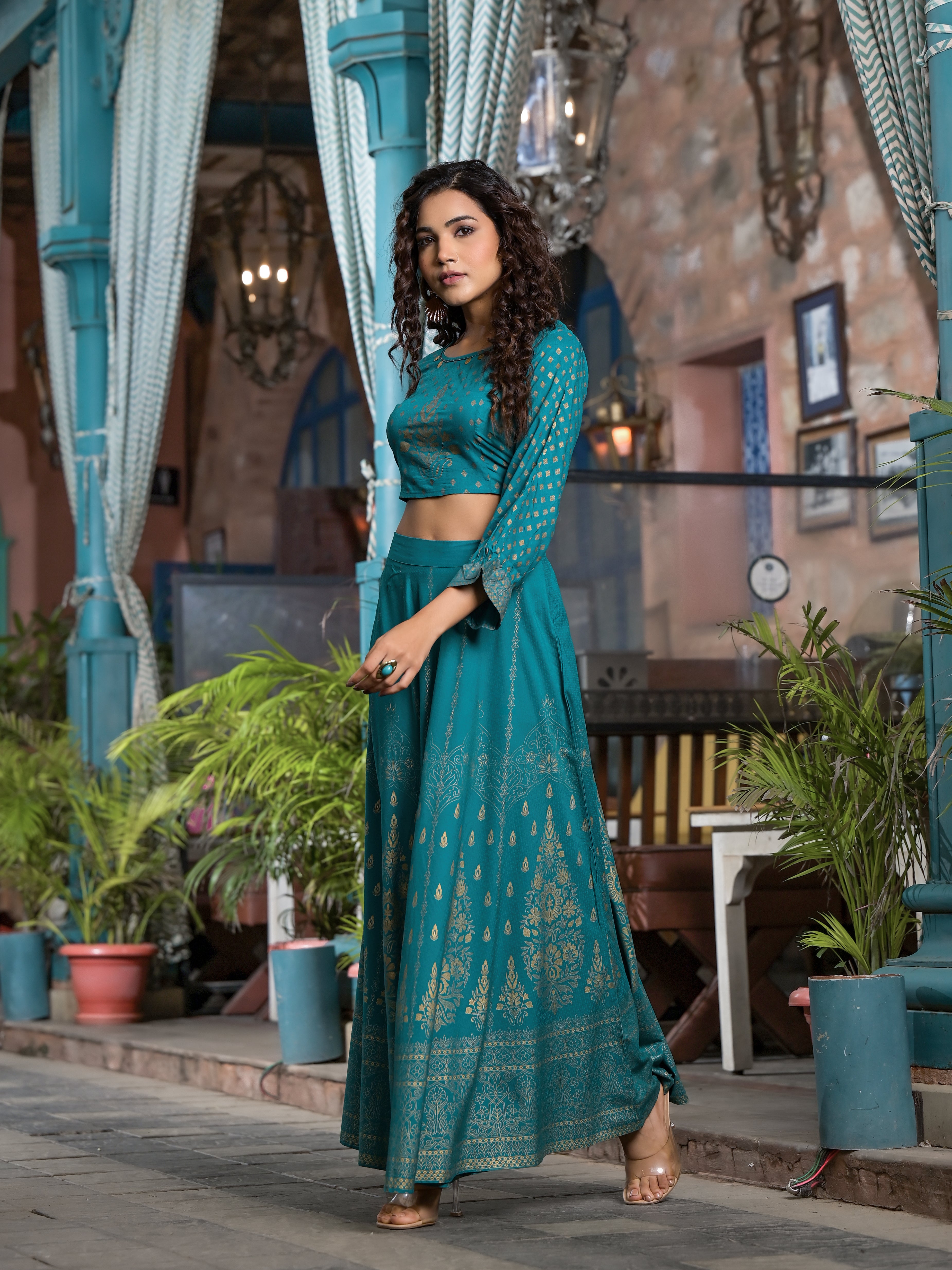 Teal Ethnic Motif Printed Liva Rayon Lehnga & Choli Set With Coins & Beads