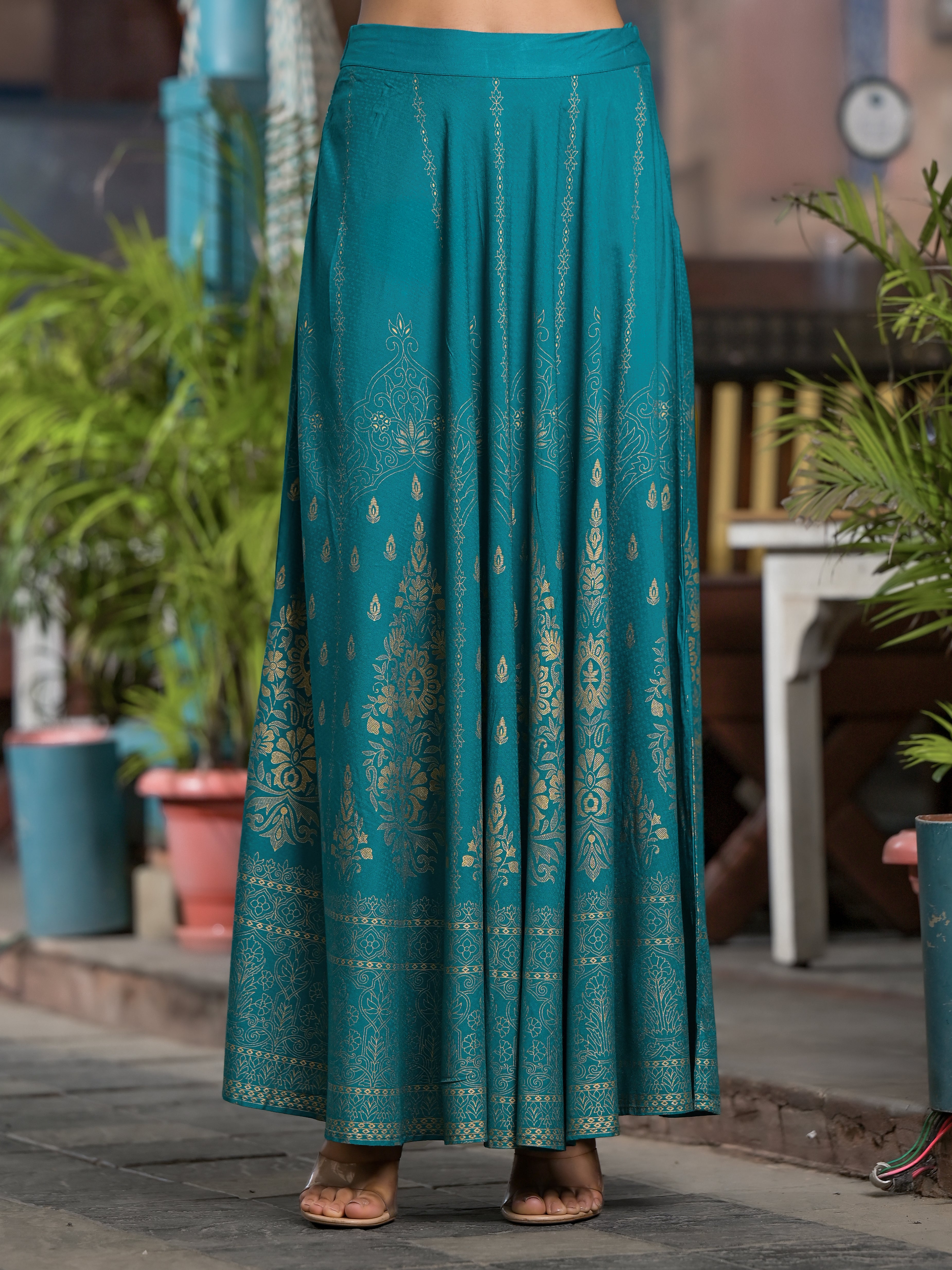 Teal Ethnic Motif Printed Liva Rayon Lehnga & Choli Set With Coins & Beads