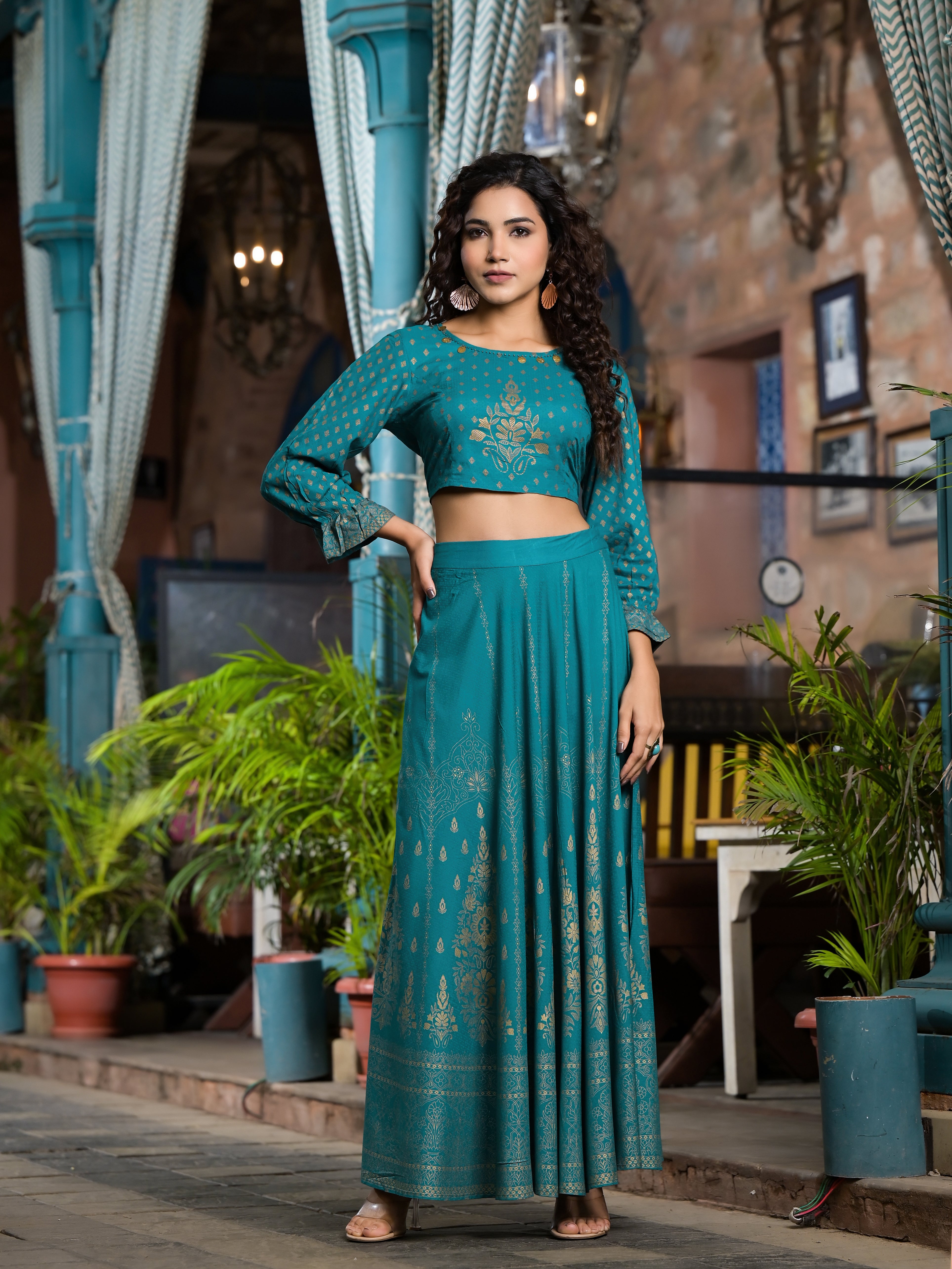 Teal Ethnic Motif Printed Liva Rayon Lehnga & Choli Set With Coins & Beads