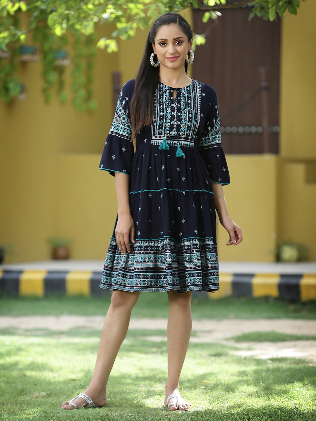 Juniper Navy LIVA Rayon Festive Printed Tiered Short Dress For Women