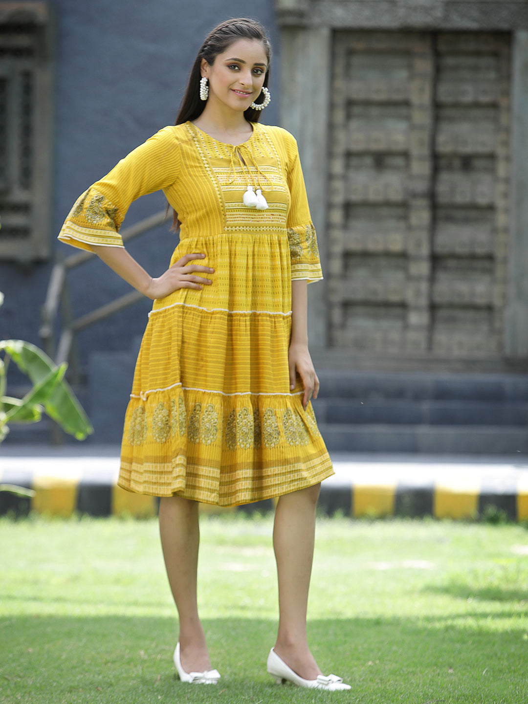 Juniper Women Mustard LIVA Rayon Festive Printed Tiered Short Dress