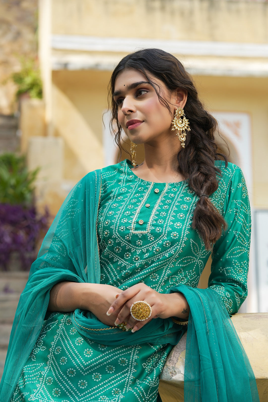 Juniper Teal Bandhani Printed Shantoon Kurta Palazzo & Net Dupatta Set with Lace & Beads Work