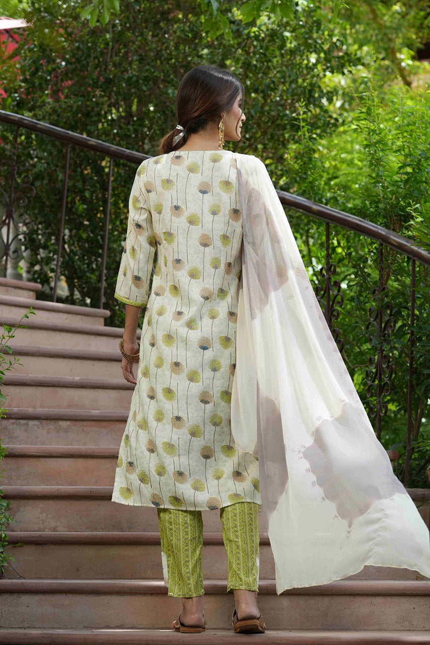 Juniper Green Floral Printed Rayon Slub Kurta Pants & Tie & Dye Chiffon Dupatta Set