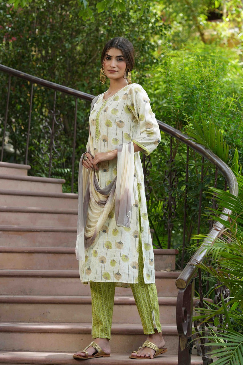 Juniper Green Floral Printed Rayon Slub Kurta Pants & Tie & Dye Chiffon Dupatta Set