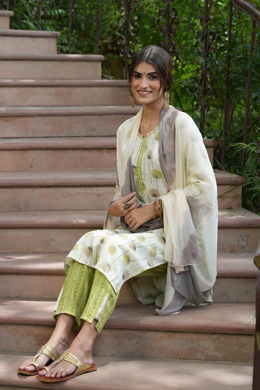 Juniper Green Floral Printed Rayon Slub Kurta Pants & Tie & Dye Chiffon Dupatta Set