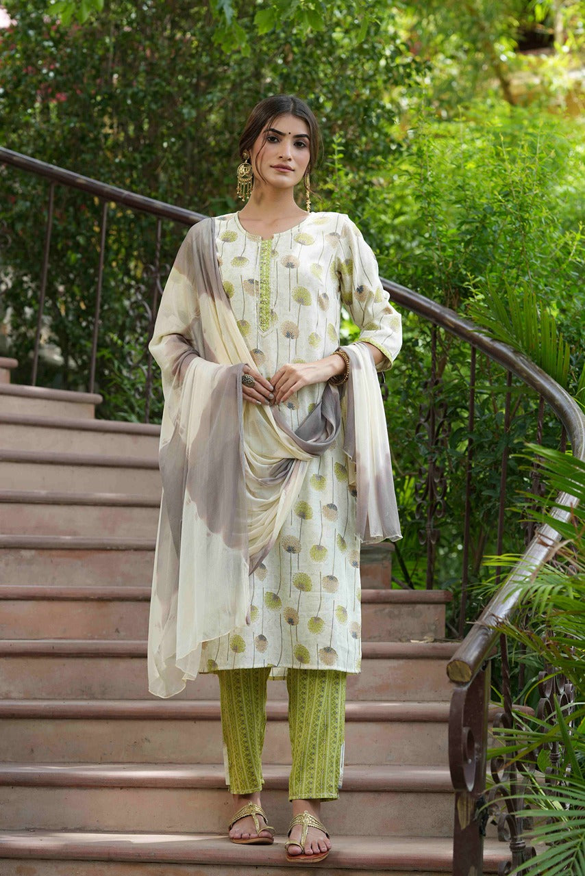 Juniper Green Floral Printed Rayon Slub Kurta Pants & Tie & Dye Chiffon Dupatta Set
