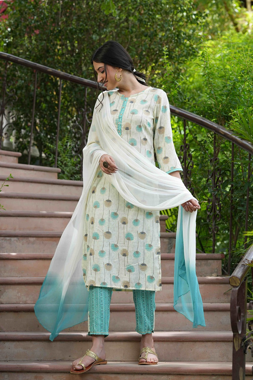 Juniper Sky Blue Floral Printed Rayon Slub Kurta Pants & Tie & Dye Chiffon Dupatta Set