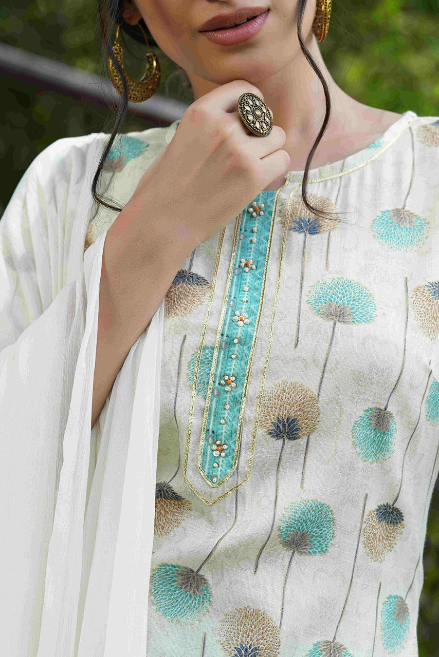 Juniper Sky Blue Floral Printed Rayon Slub Kurta Pants & Tie & Dye Chiffon Dupatta Set