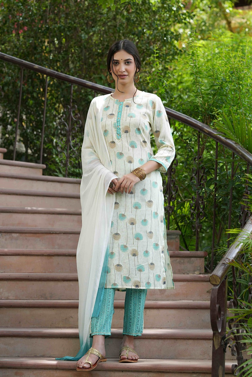 Juniper Sky Blue Floral Printed Rayon Slub Kurta Pants & Tie & Dye Chiffon Dupatta Set