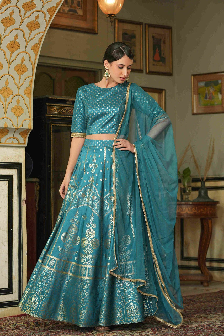 Juniper Teal Santoon Slub Festive Foil Printed Lehenga Choli Set For Women