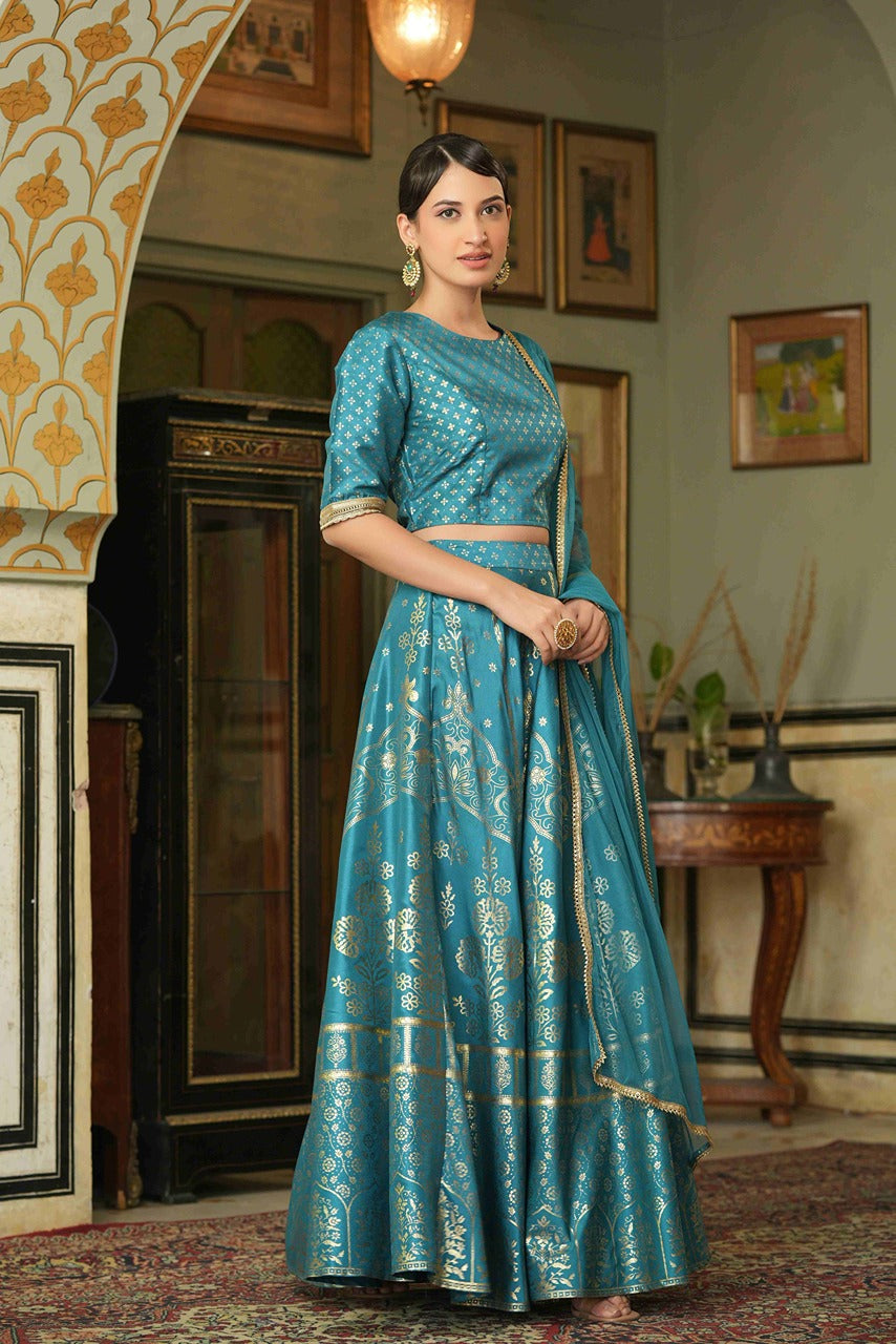 Juniper Teal Santoon Slub Festive Foil Printed Lehenga Choli Set For Women