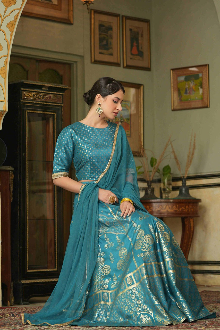 Juniper Teal Santoon Slub Festive Foil Printed Lehenga Choli Set For Women
