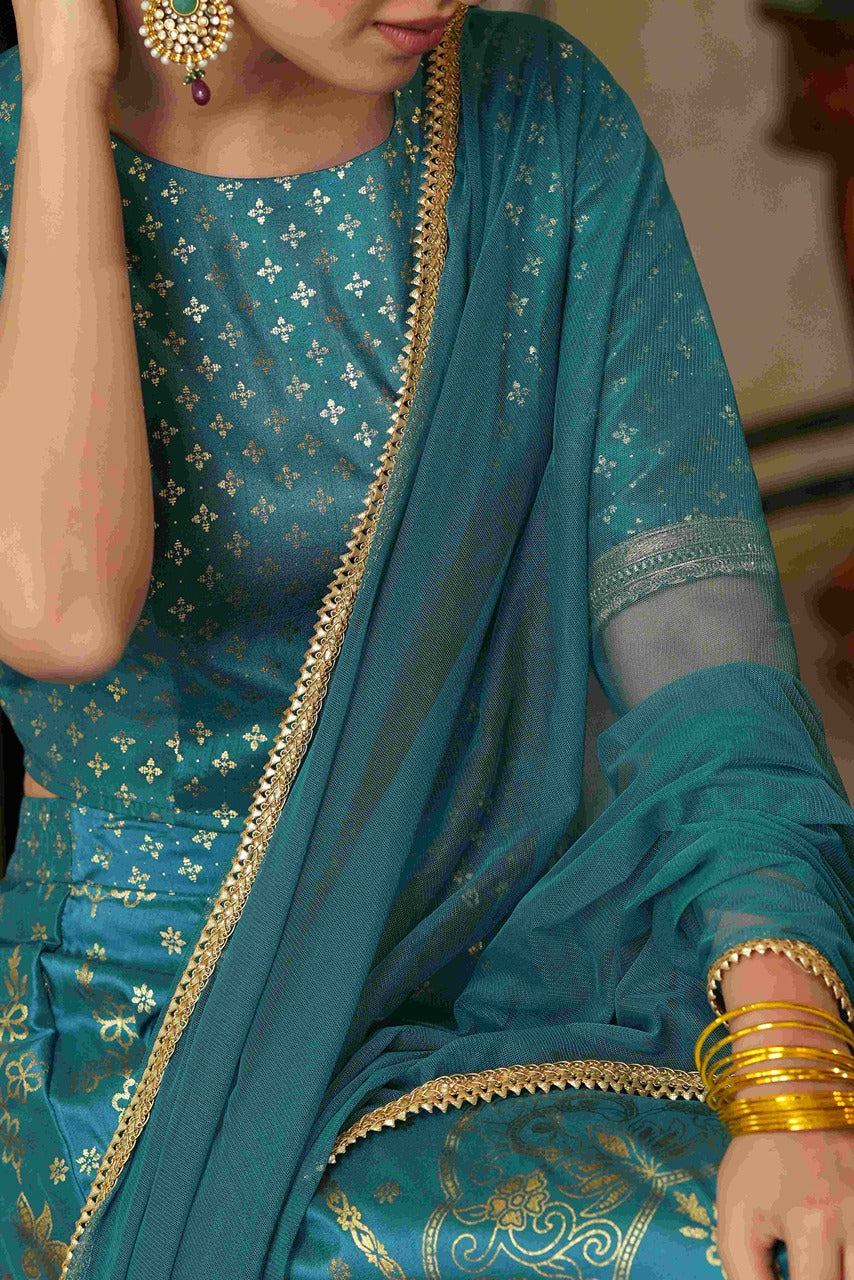Juniper Teal Santoon Slub Festive Foil Printed Lehenga Choli Set For Women