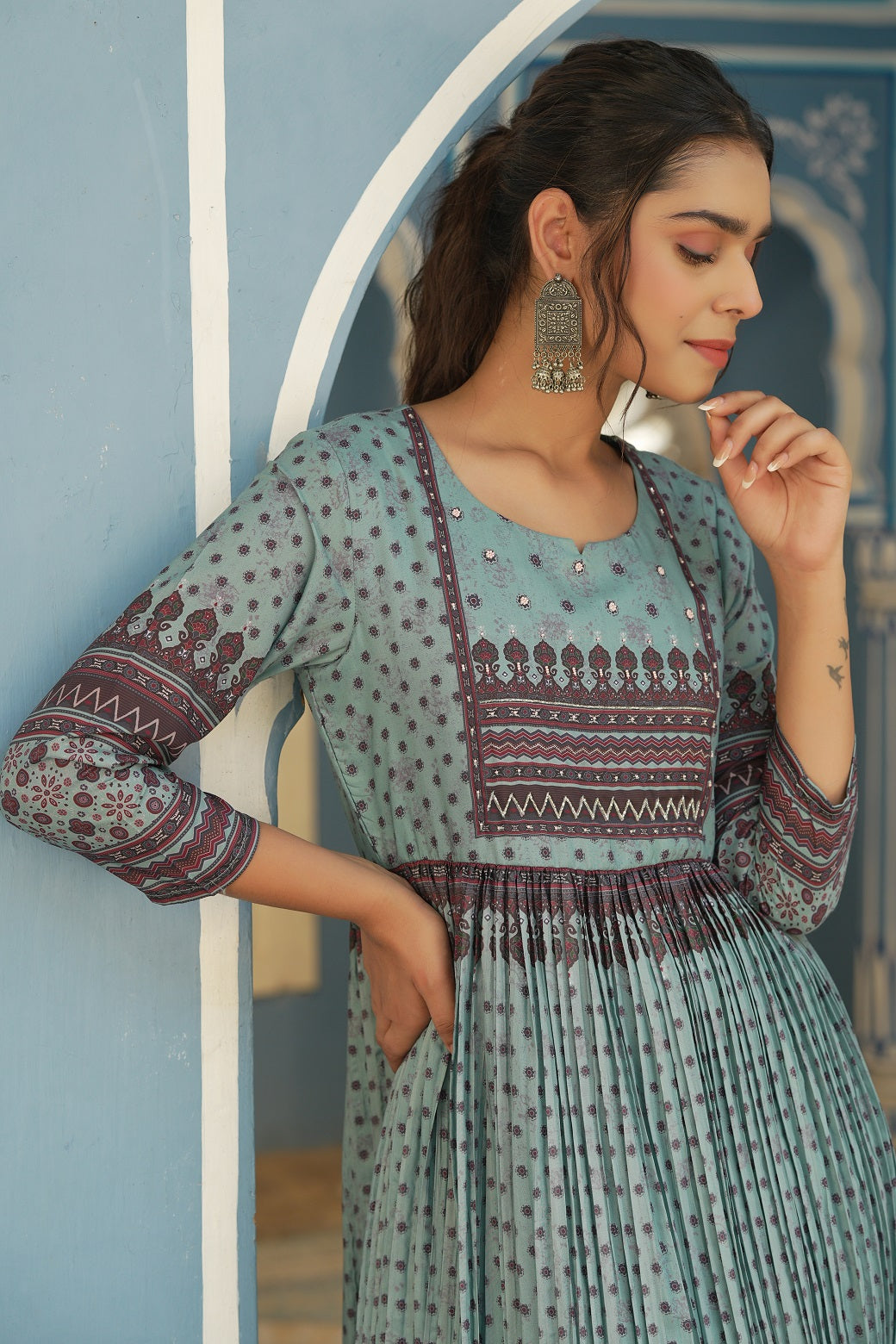 Juniper Sky Blue Ethnic Motif Printed Muslin Maxi Dress with Beads Work