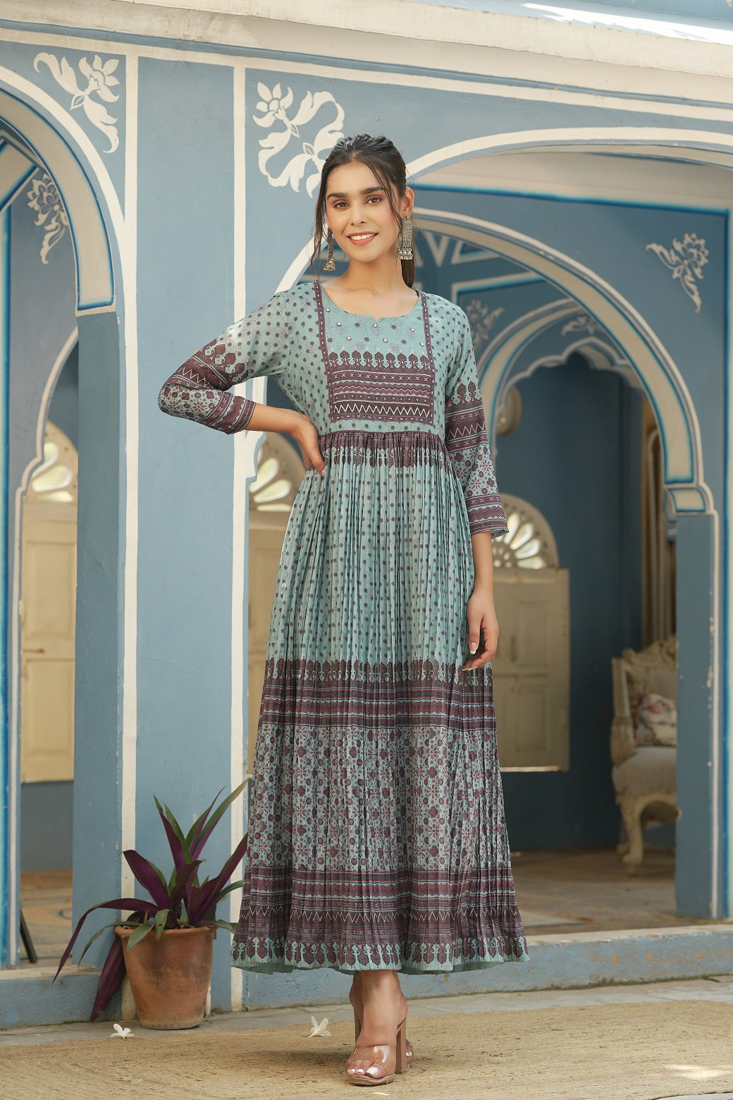 Juniper Sky Blue Ethnic Motif Printed Muslin Maxi Dress with Beads Work