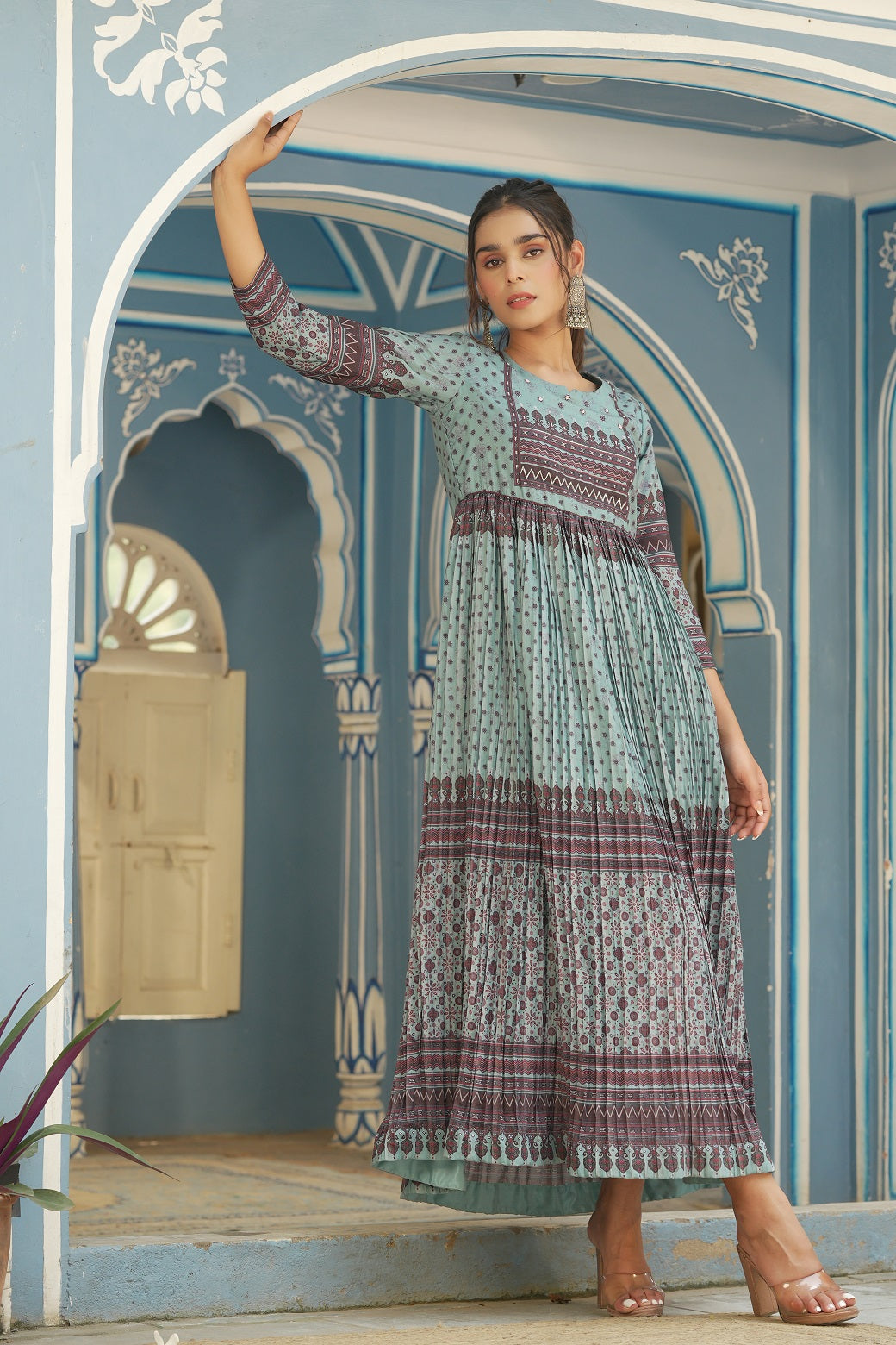 Juniper Sky Blue Ethnic Motif Printed Muslin Maxi Dress with Beads Work