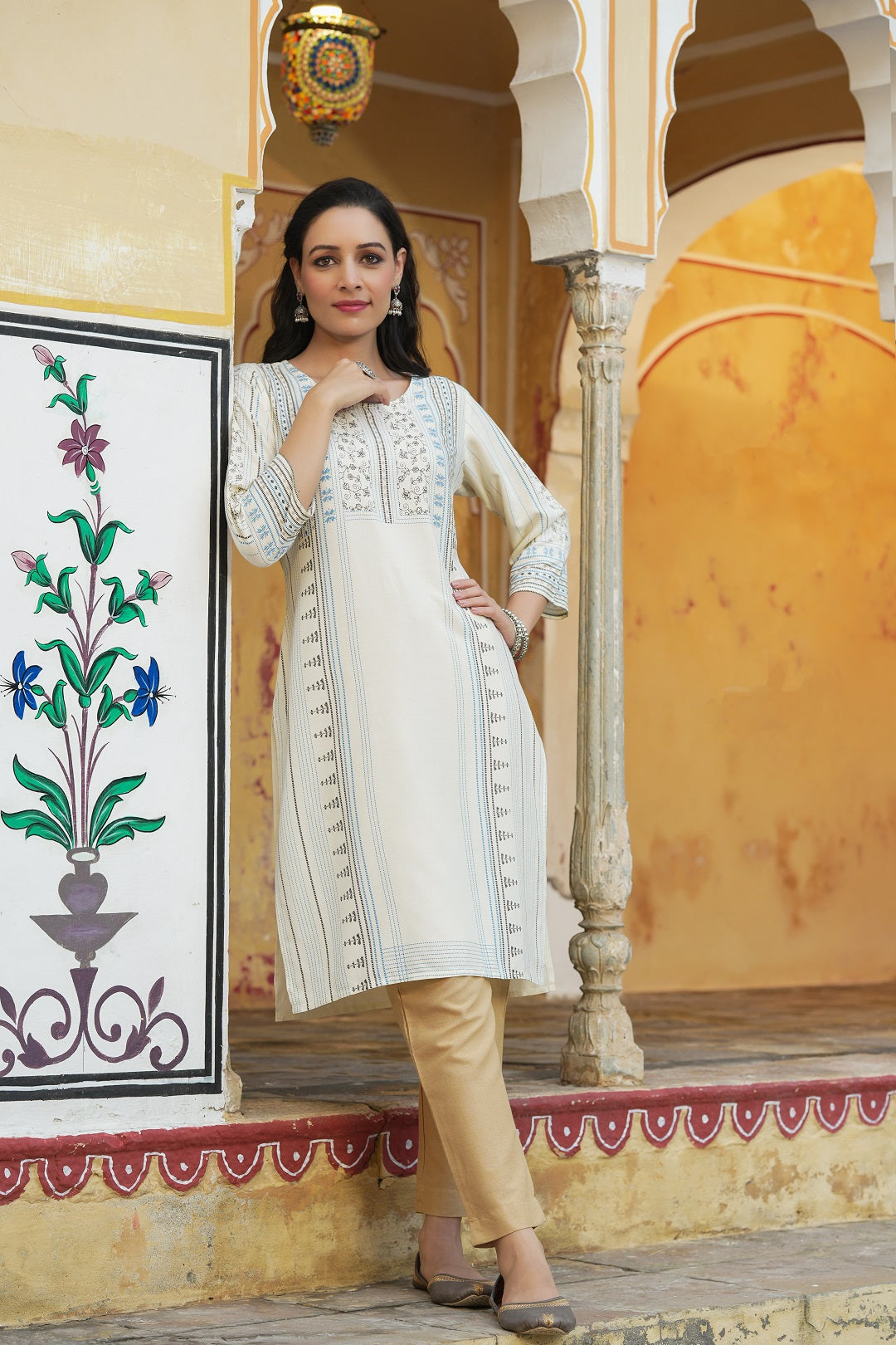 Off White Ethnic Motif Printed Liva Rayon Kurta With Sequins