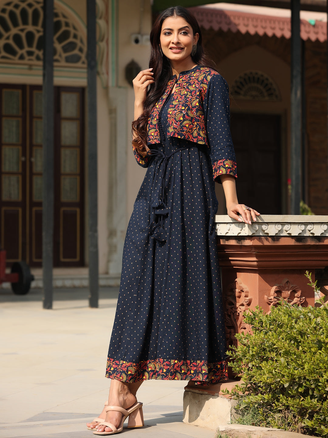 Juniper Women's Blue LIVA Rayon Festive Printed Flared Dress