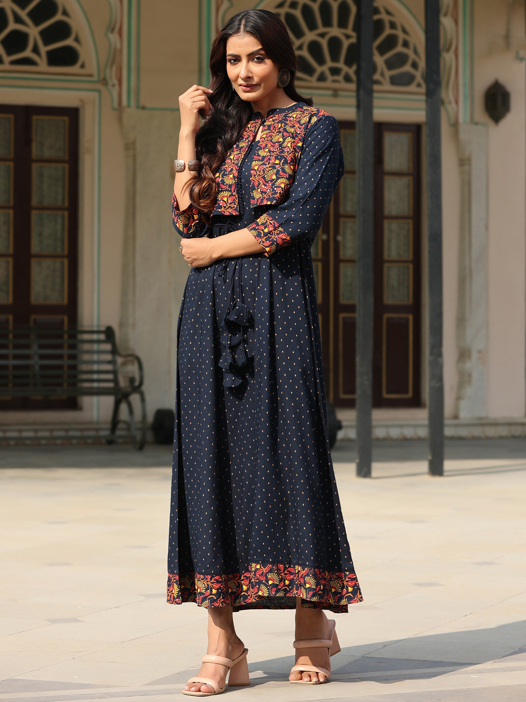 Juniper Women's Blue LIVA Rayon Festive Printed Flared Dress