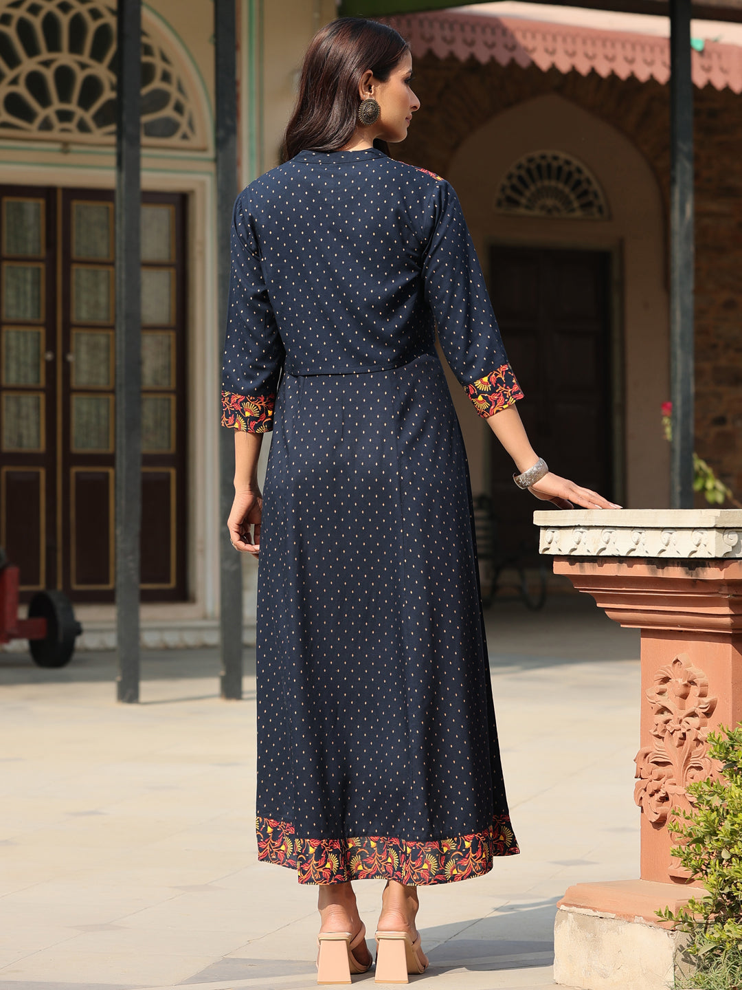 Juniper Women's Blue LIVA Rayon Festive Printed Flared Dress