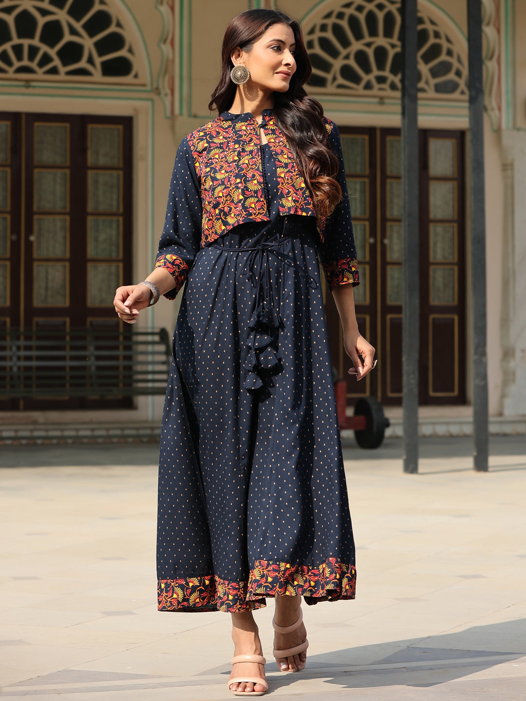 Juniper Women's Blue LIVA Rayon Festive Printed Flared Dress