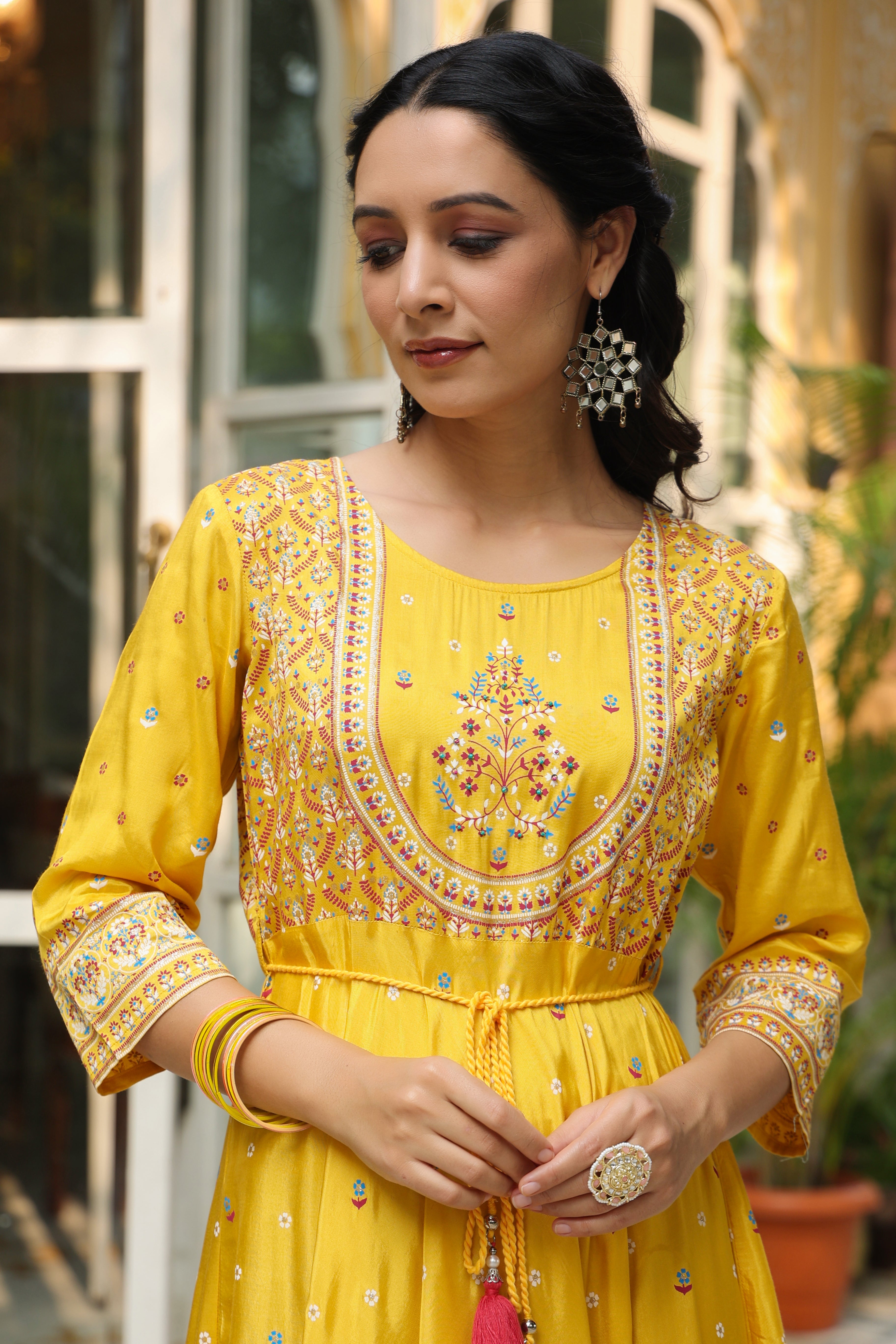 Juniper Women's Mustard Viscose Shantoon Festive Printed Flared Dress