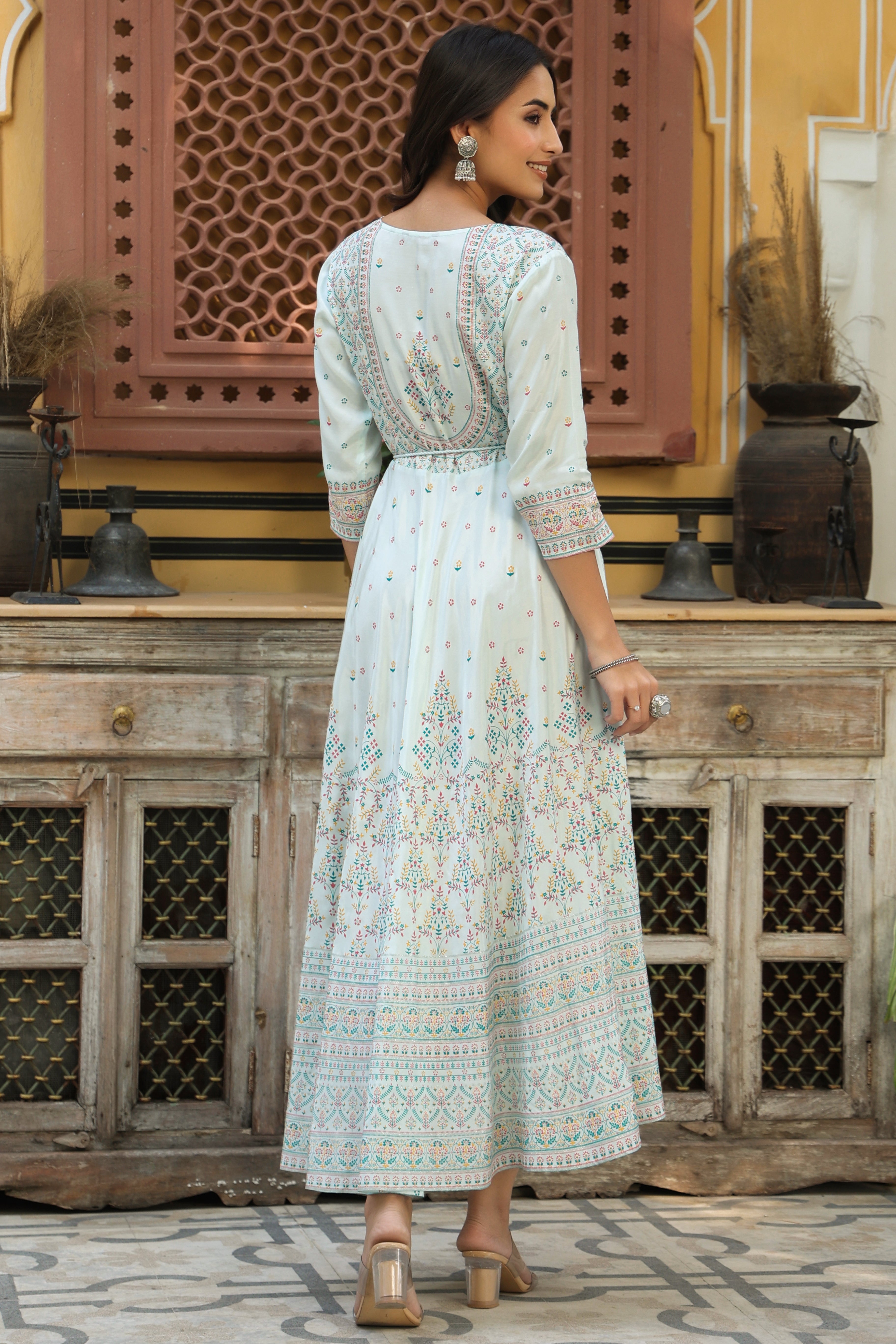 Juniper Sky Blue Ethnic Motif Printed Shantoon Flared Maxi dress With Beads & Sequins Work