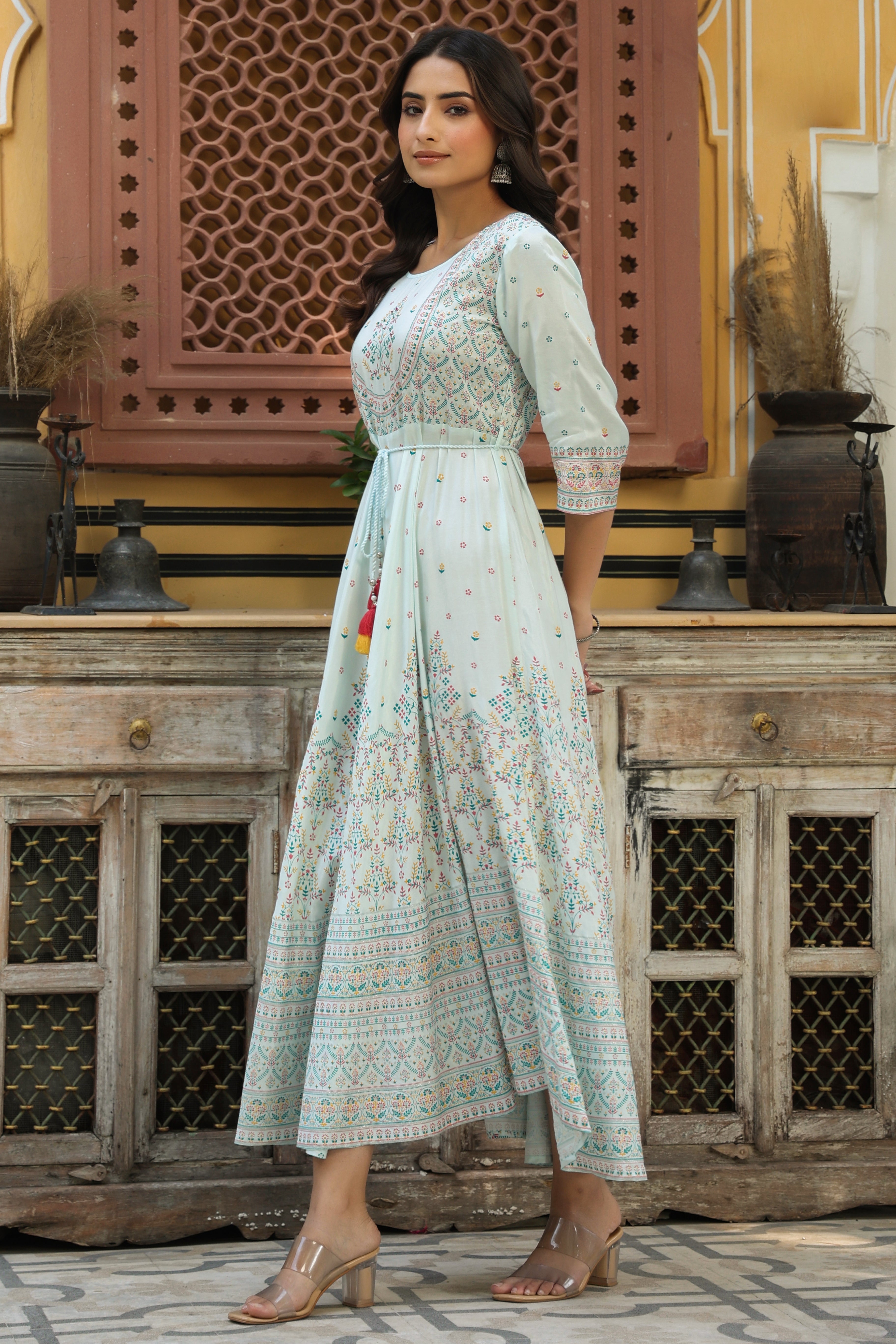 Juniper Sky Blue Ethnic Motif Printed Shantoon Flared Maxi dress With Beads & Sequins Work