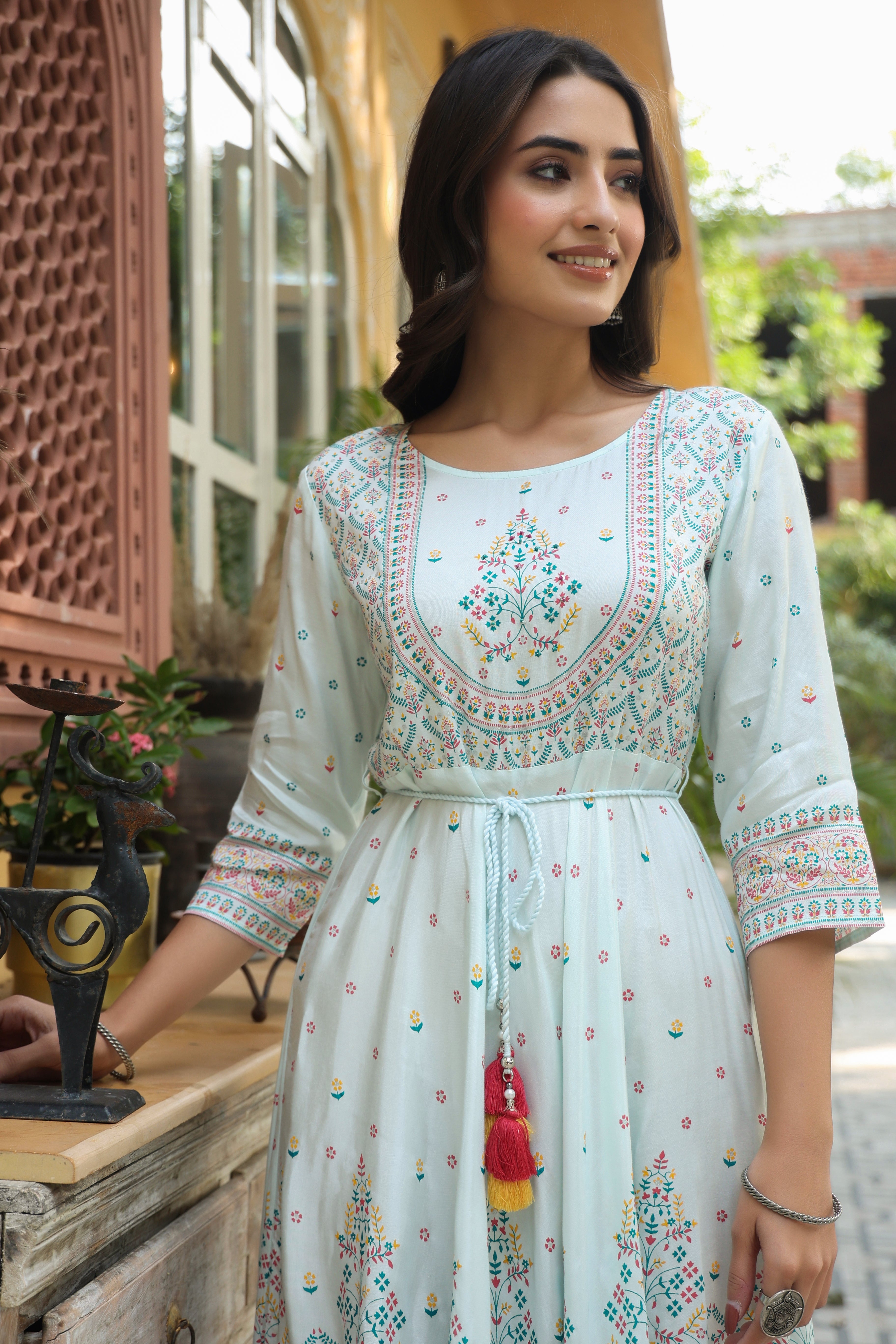 Juniper Sky Blue Ethnic Motif Printed Shantoon Flared Maxi dress With Beads & Sequins Work