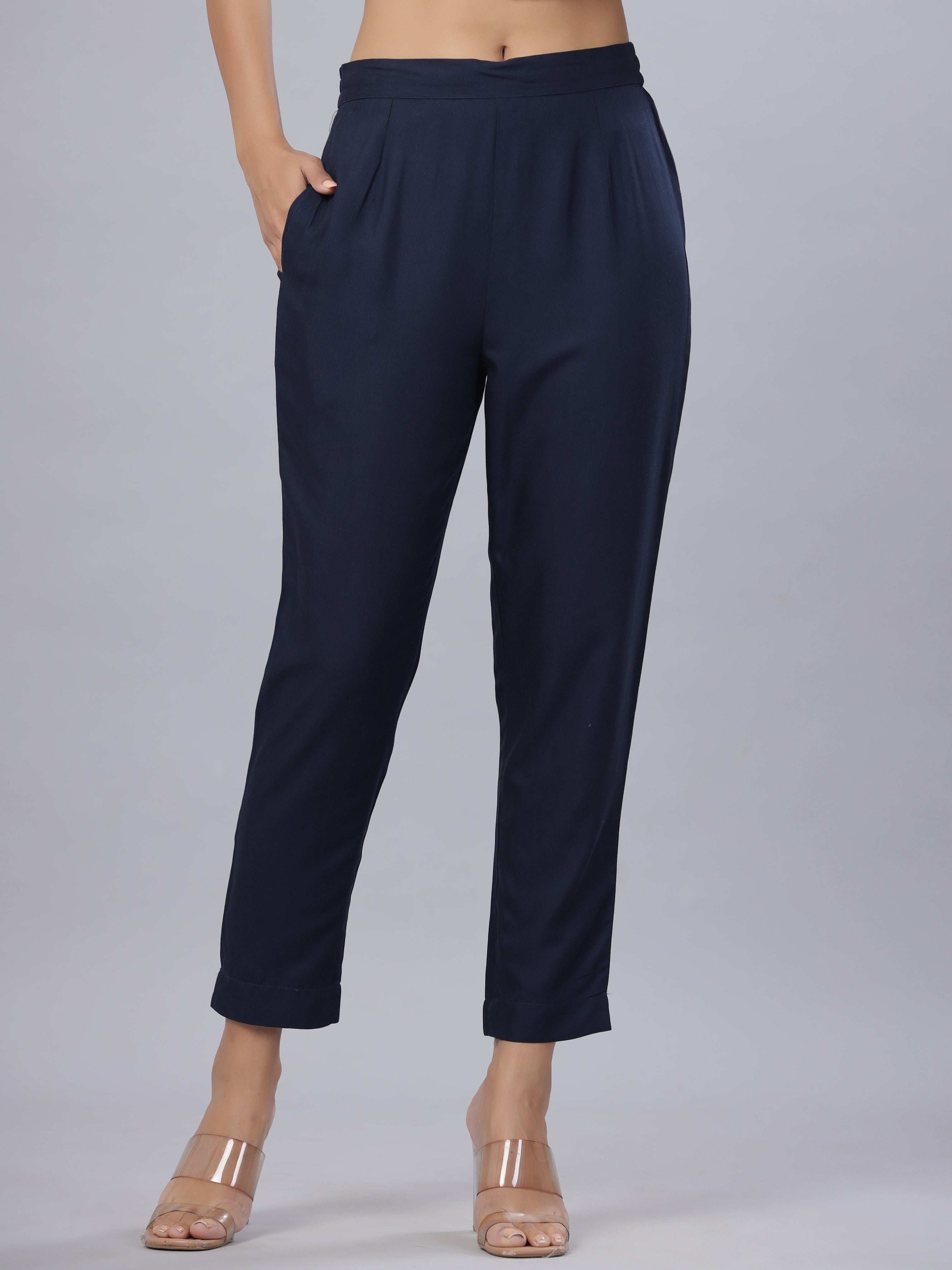 Navy Soild Liva Rayon Pants With A Pocket