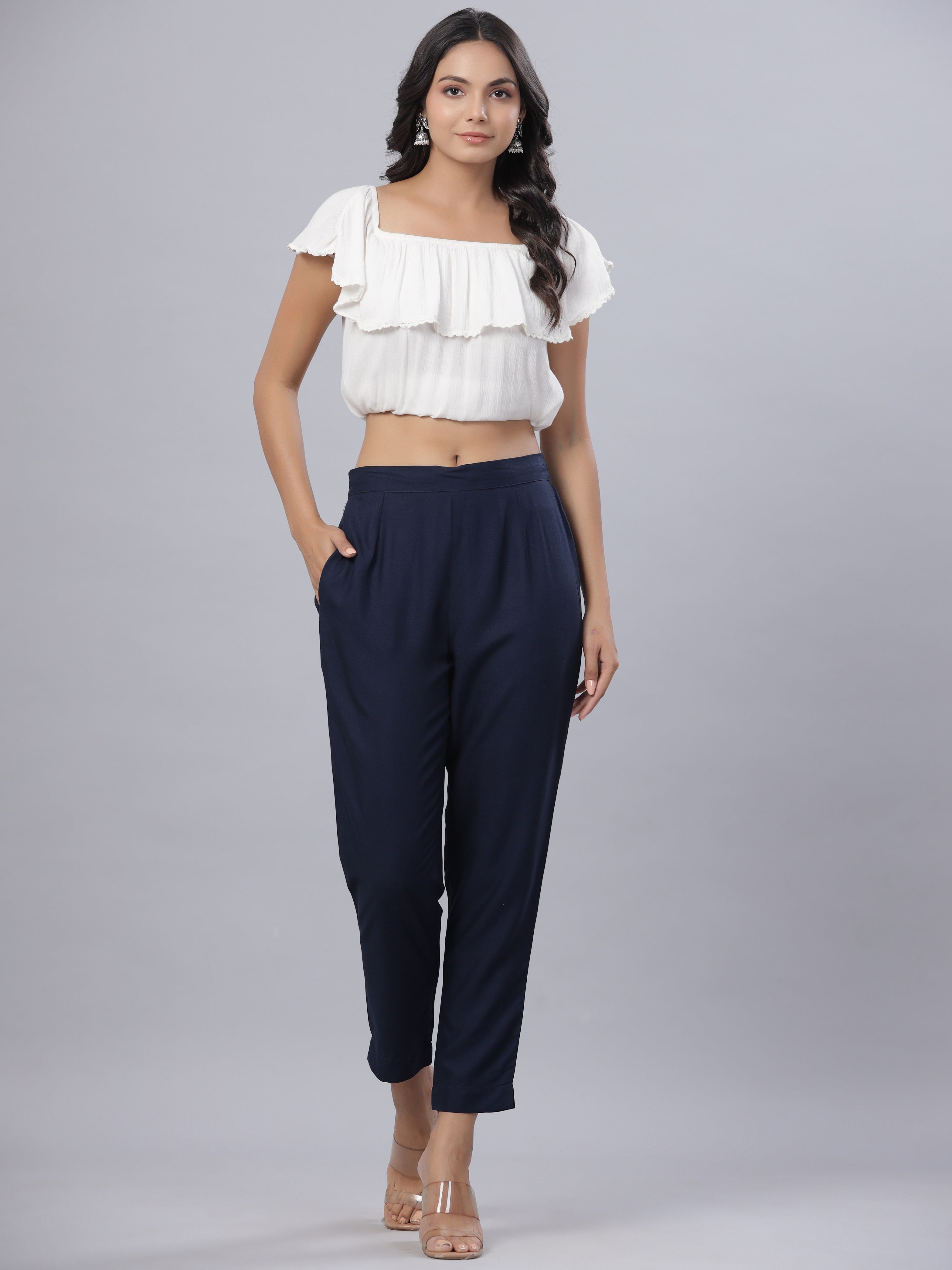 Navy Soild Liva Rayon Pants With A Pocket