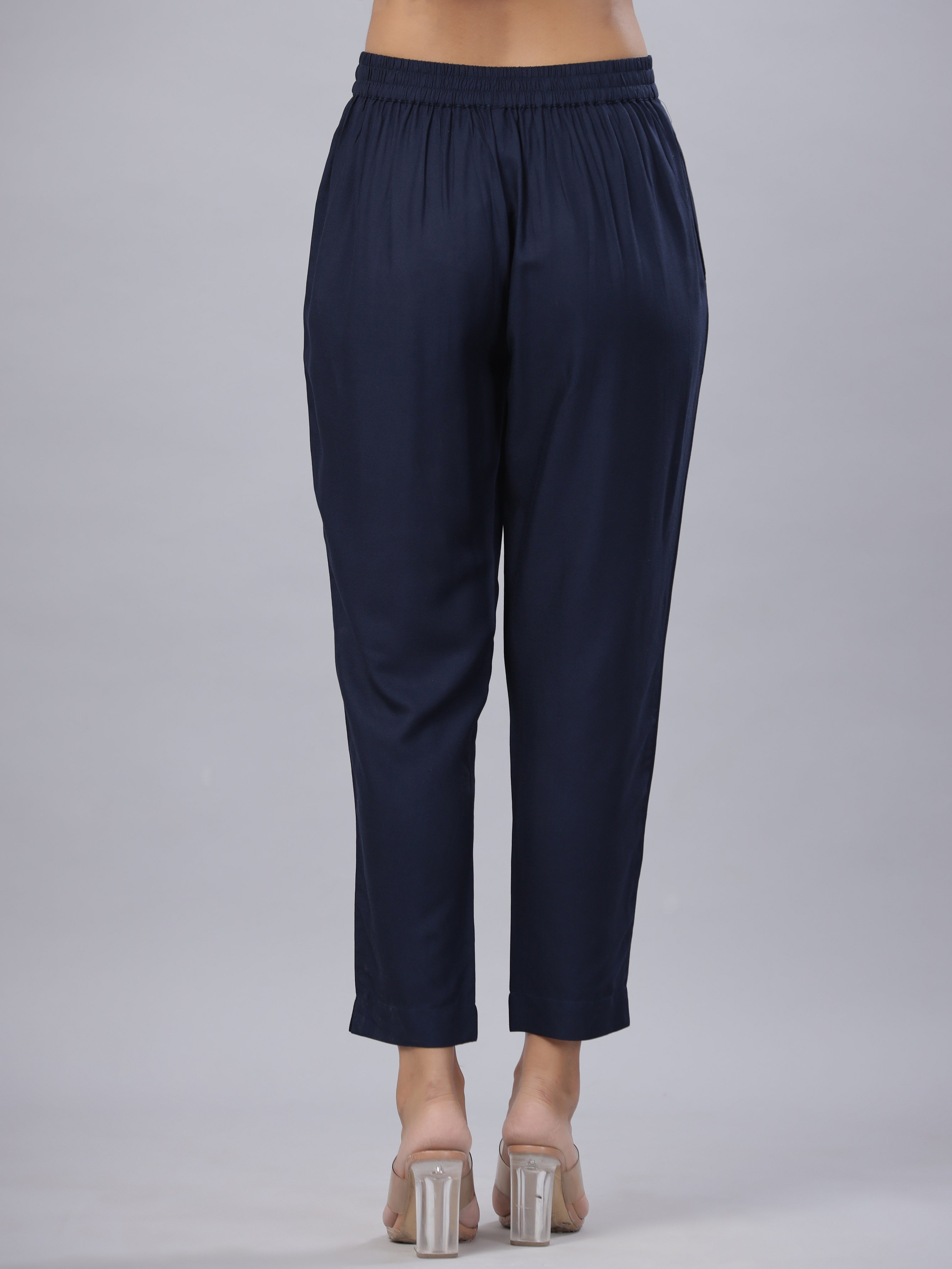 Navy Soild Liva Rayon Pants With A Pocket