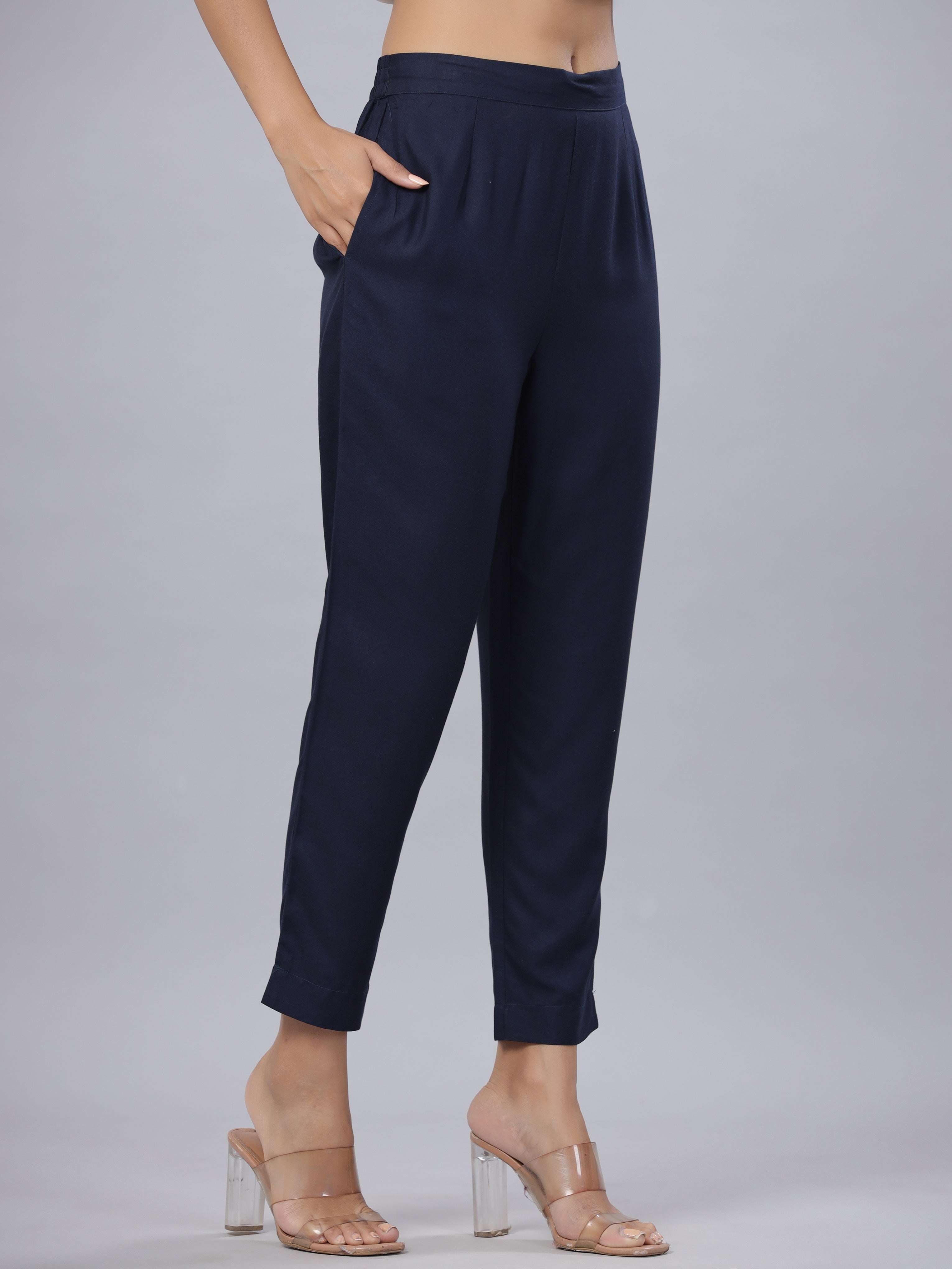 Navy Soild Liva Rayon Pants With A Pocket