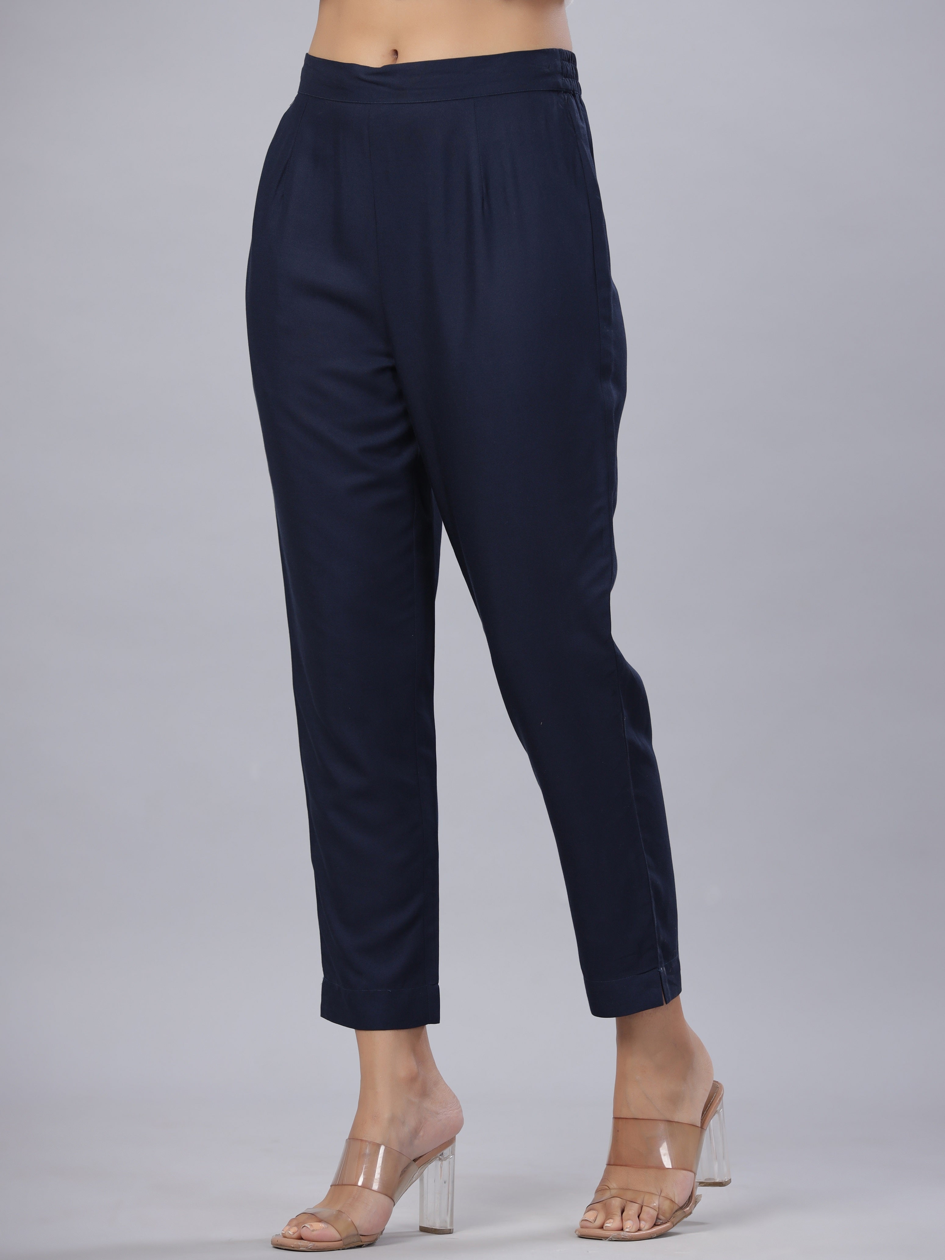 Navy Soild Liva Rayon Pants With A Pocket