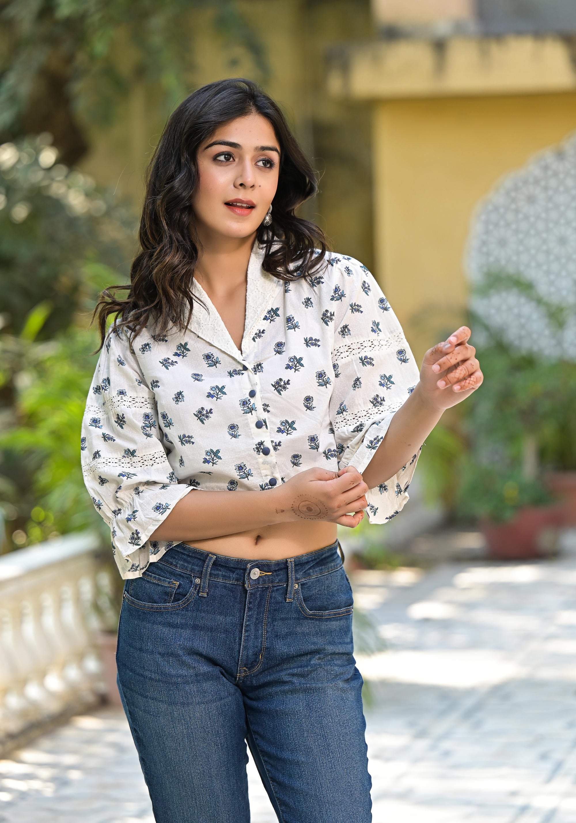 White Floral Printed Cotton Top With Button Closure