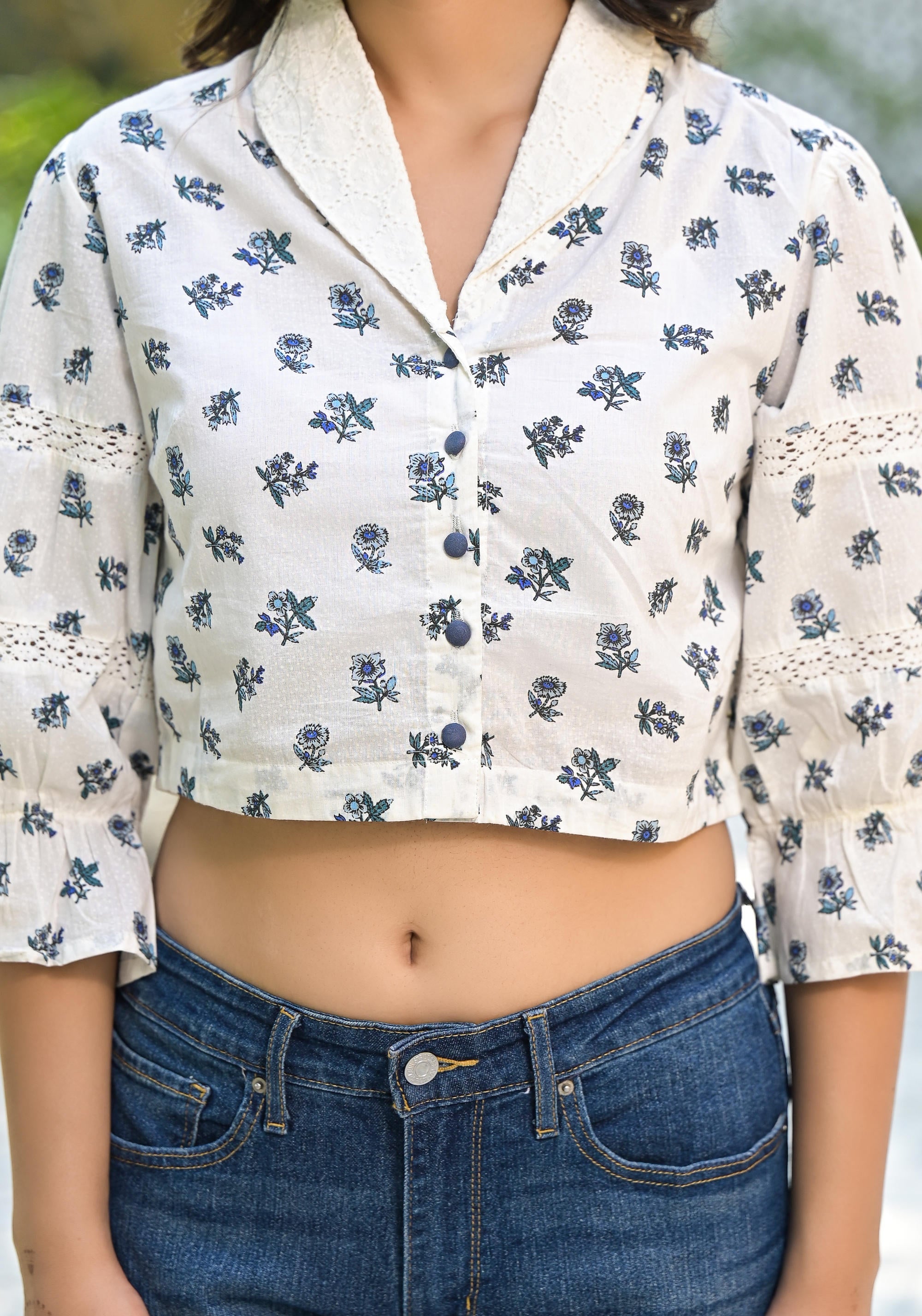 White Floral Printed Cotton Top With Button Closure