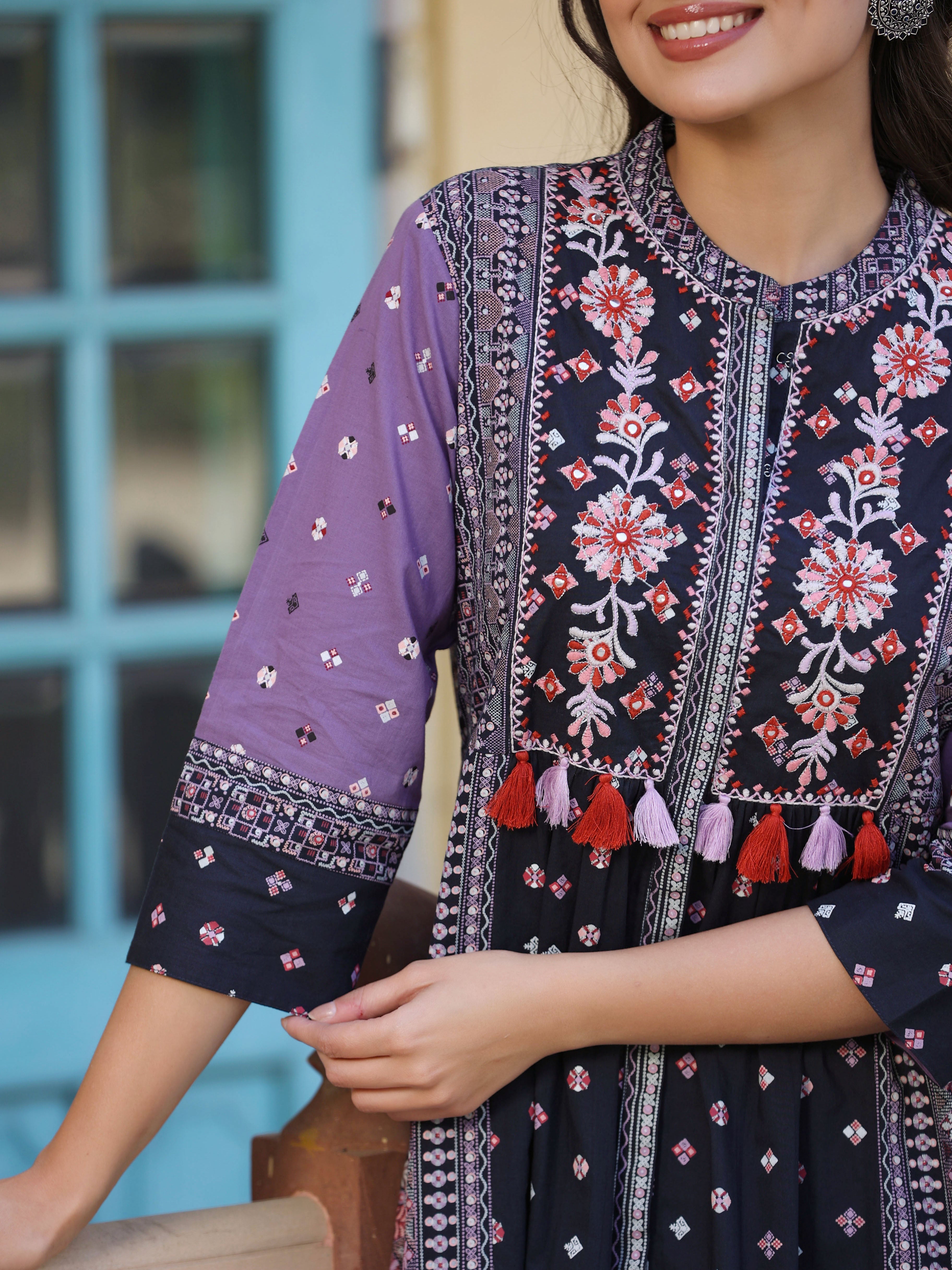 Juniper Women's Lavender Cambric Printed Embroidered Flared Dress