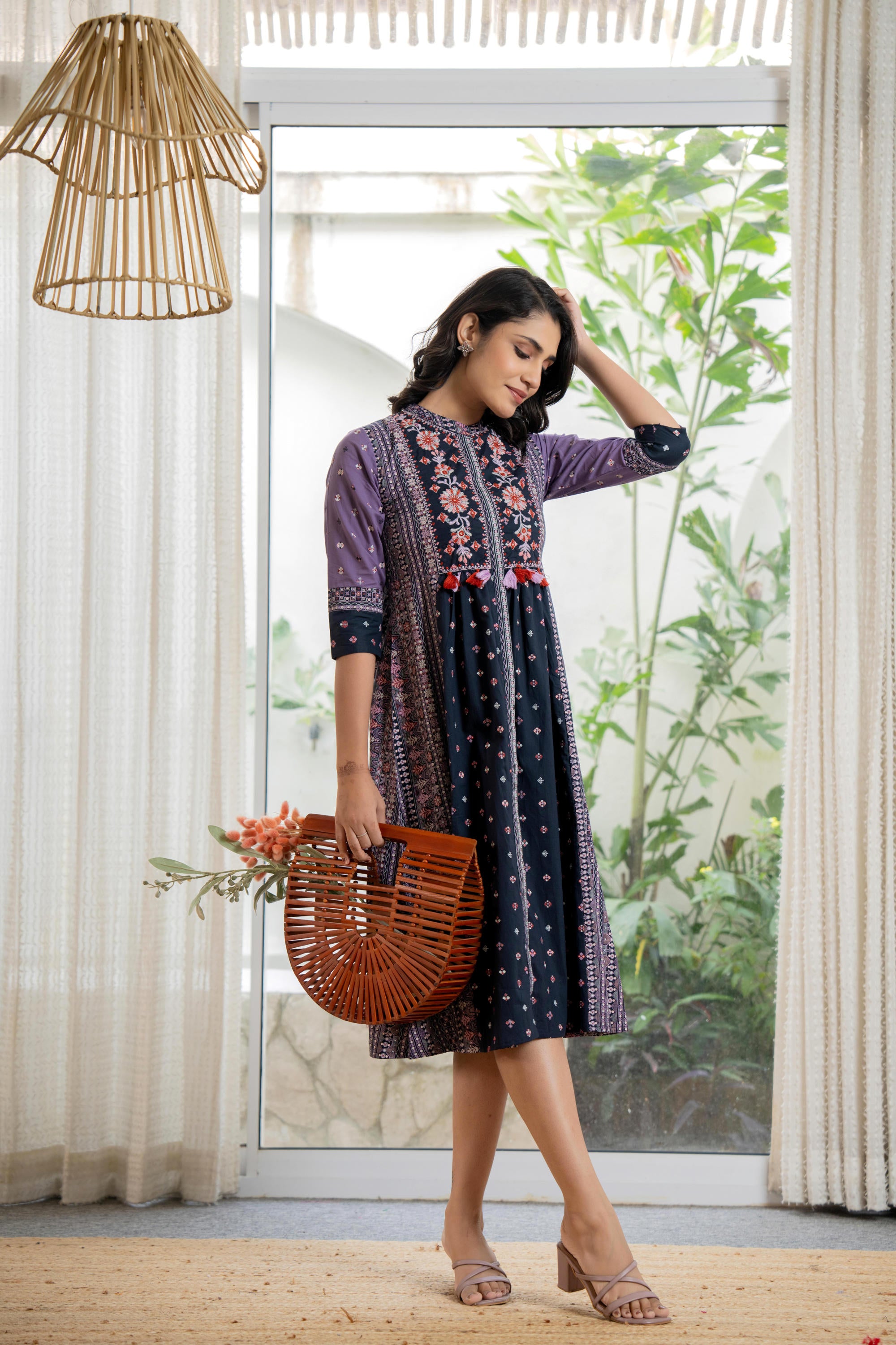 Lavender Floral Printed Cotton Dress With Thread Work & Tassels