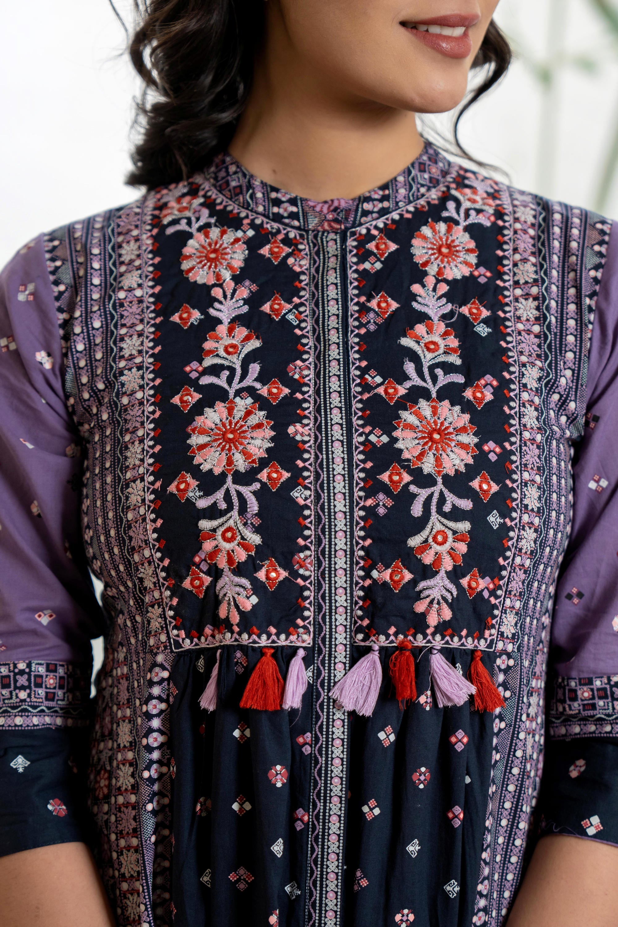 Lavender Floral Printed Cotton Dress With Thread Work & Tassels