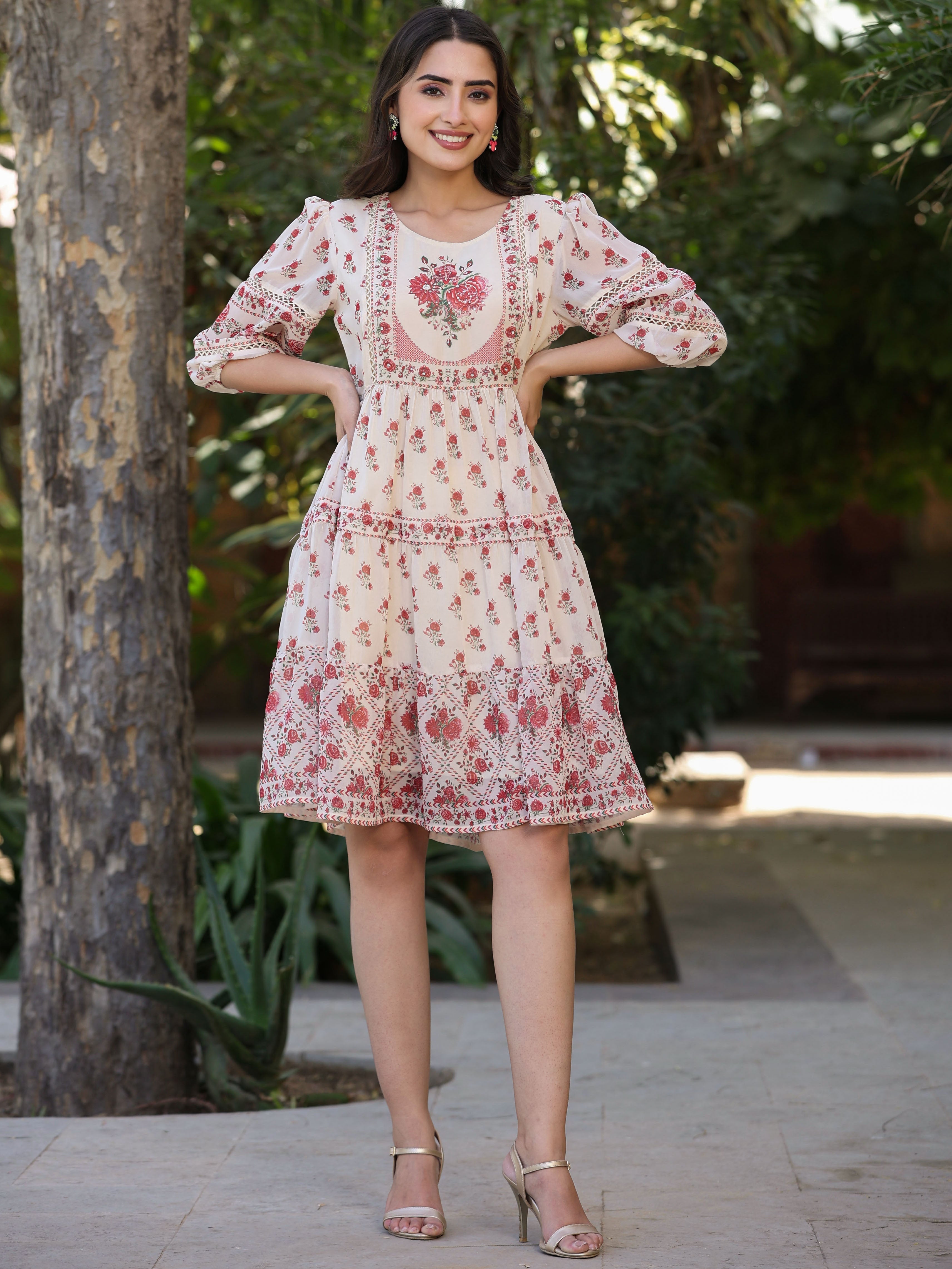 Juniper Women Ecru Georgette Floral Placement Printed Tiered Dress