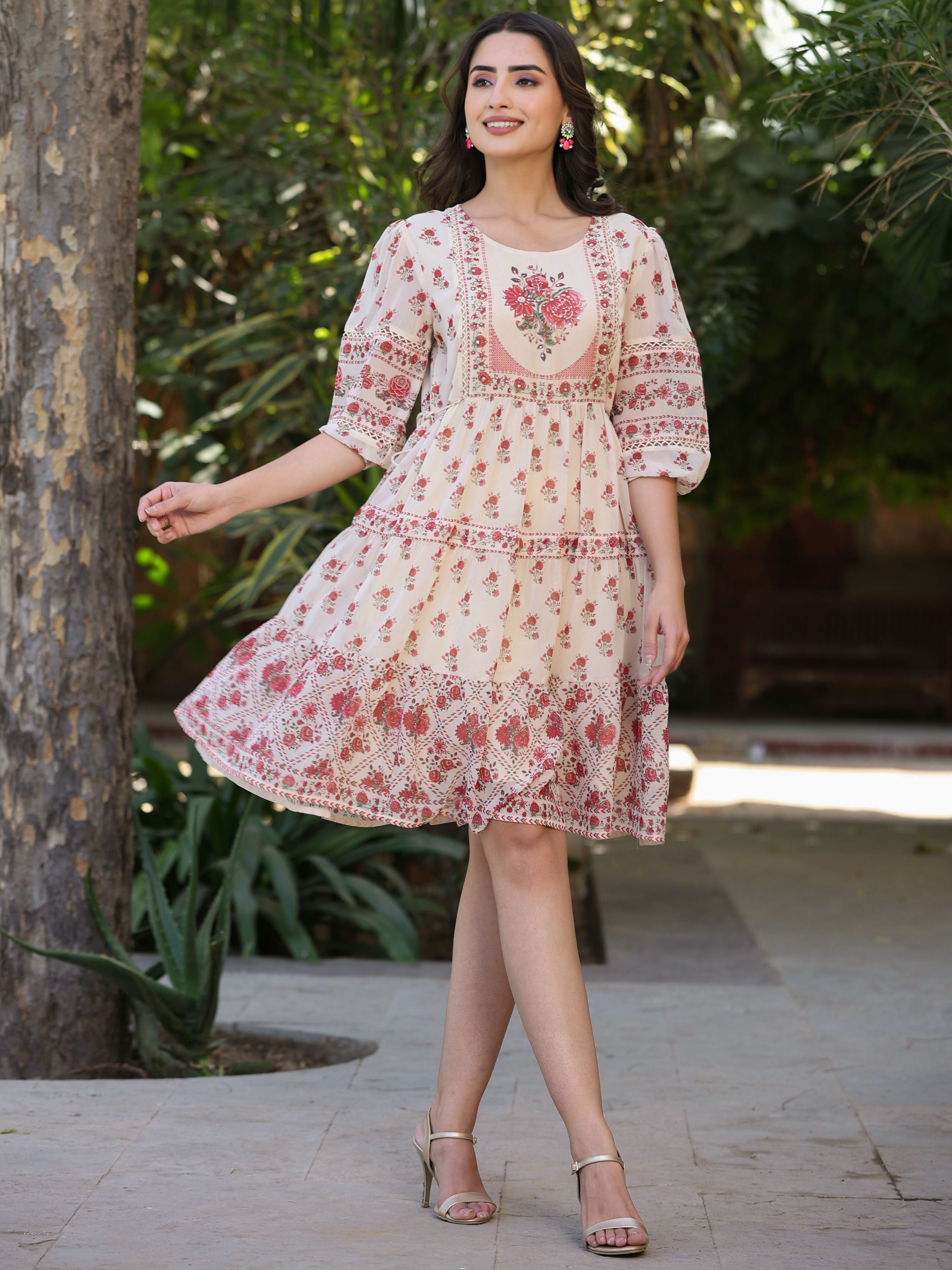 Juniper Women Ecru Georgette Floral Placement Printed Tiered Dress