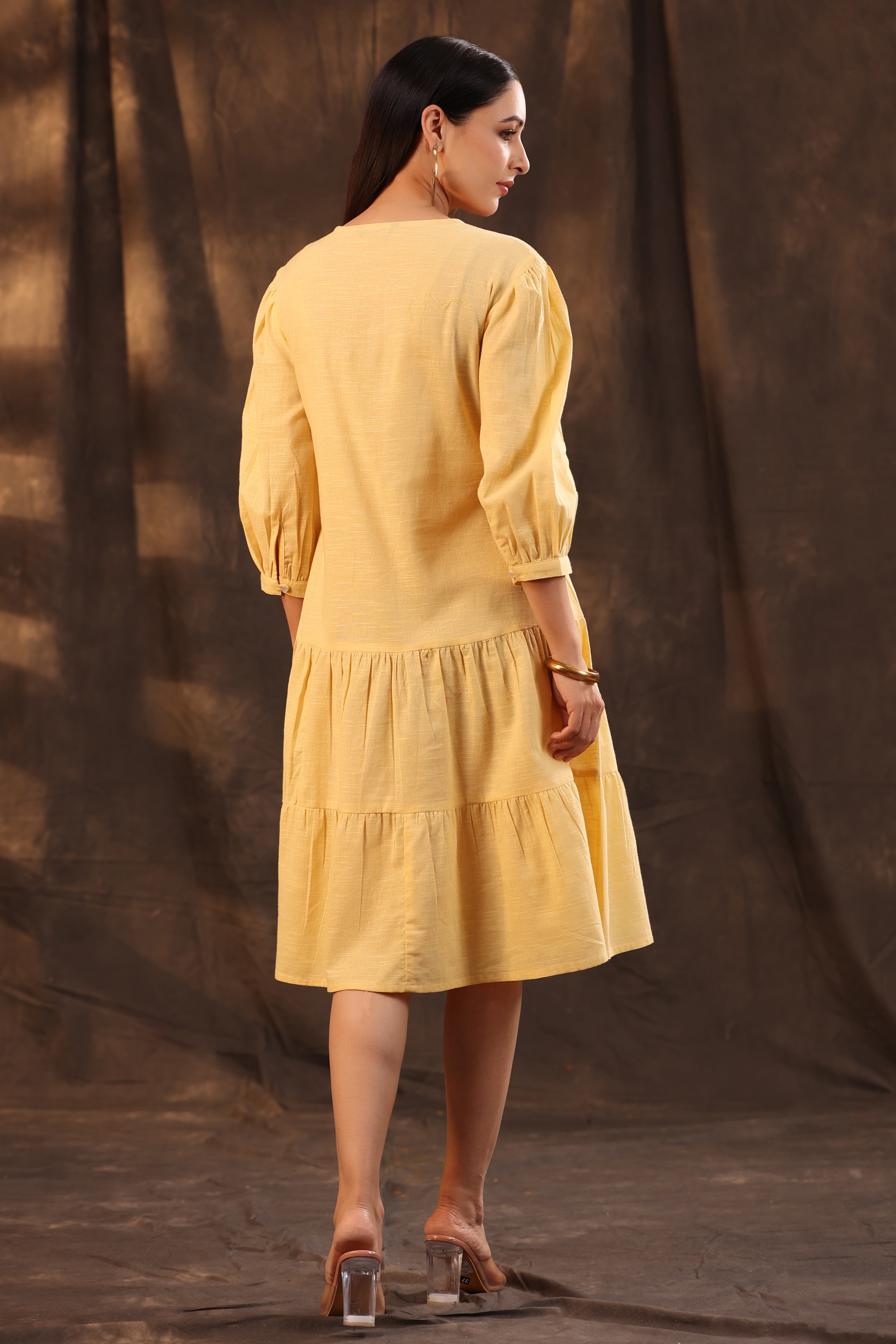 Juniper Yellow Floral Printed Cotton Slub Tiered Midi Dress With Thread Embroidery