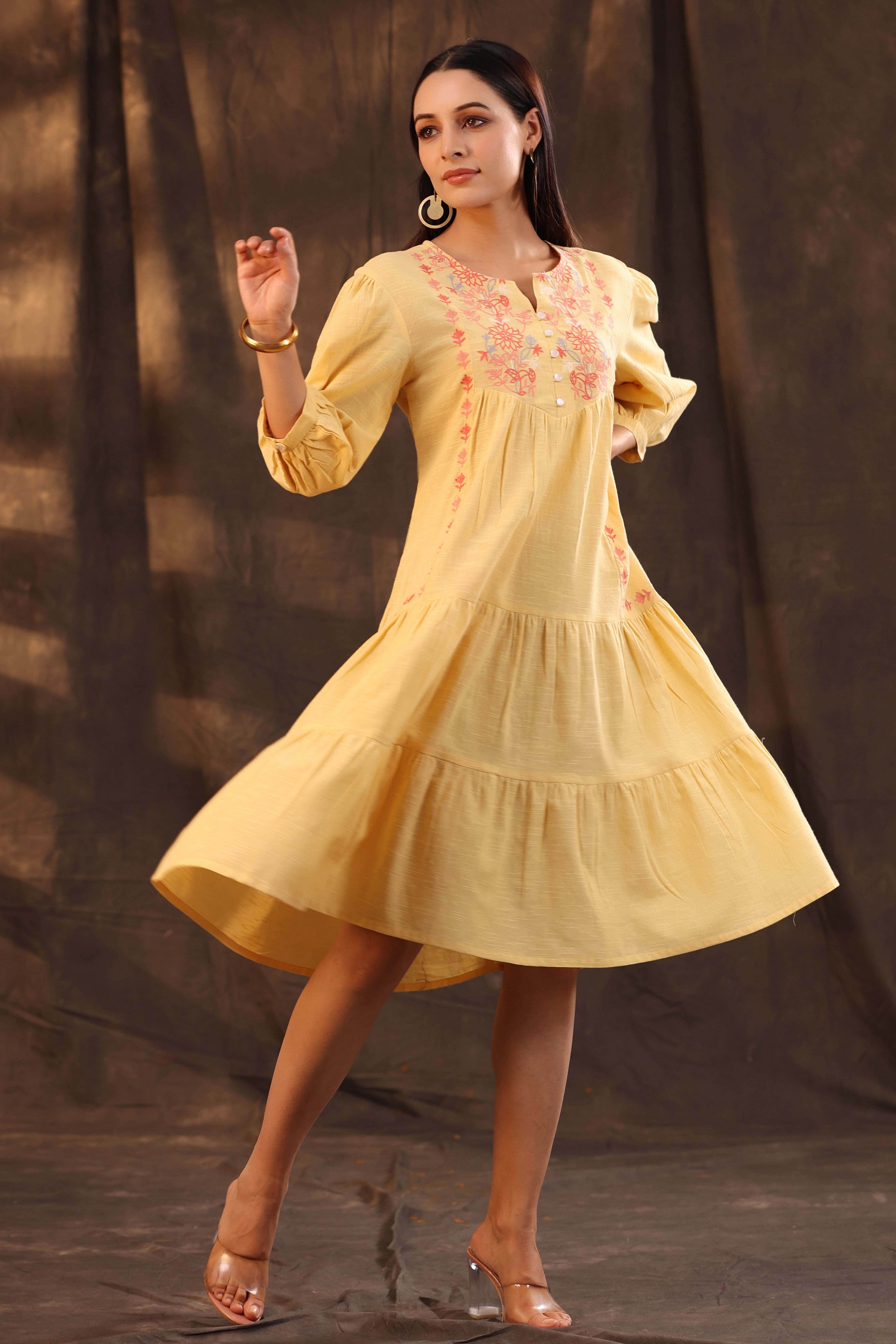 Juniper Yellow Floral Printed Cotton Slub Tiered Midi Dress With Thread Embroidery