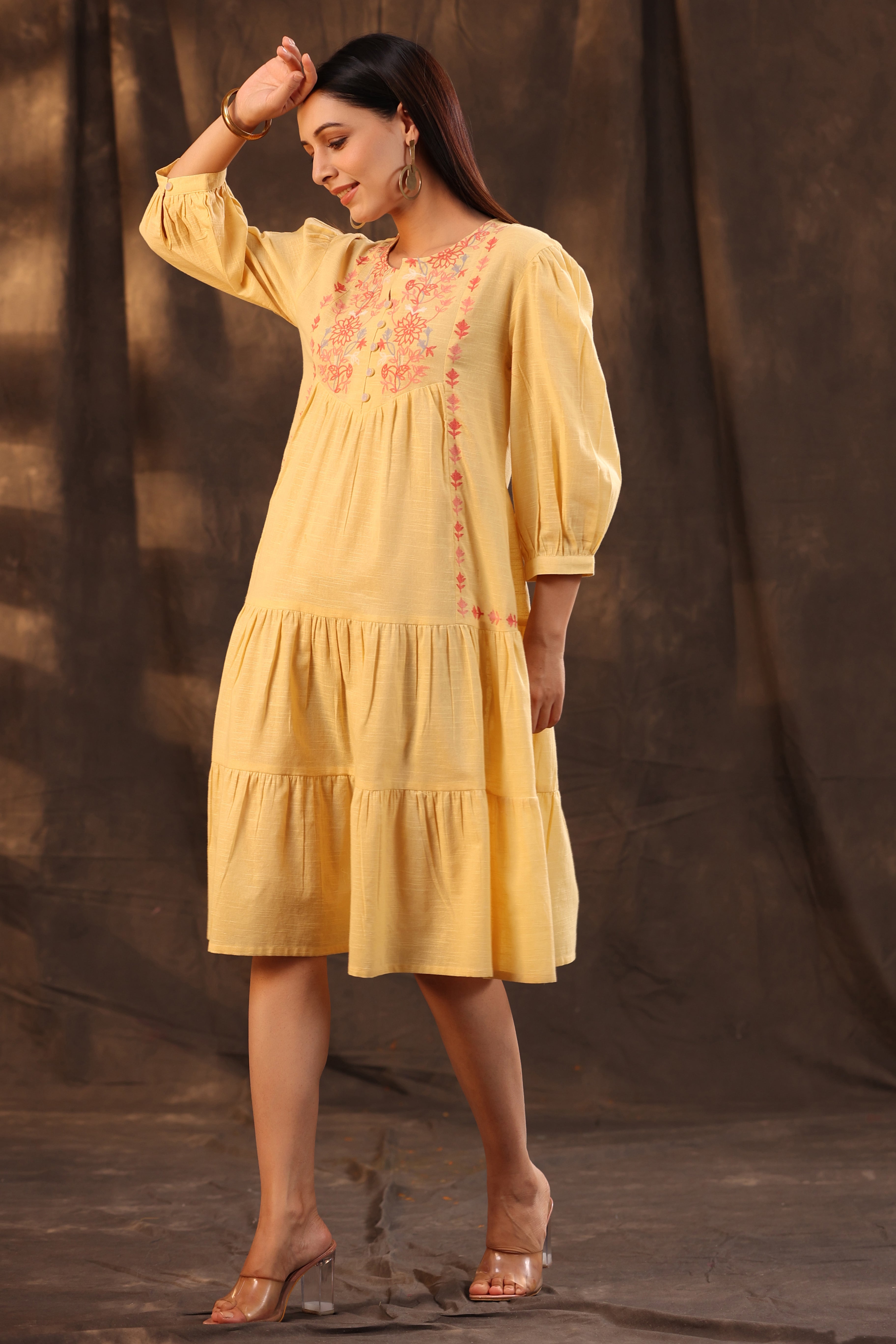 Juniper Yellow Floral Printed Cotton Slub Tiered Midi Dress With Thread Embroidery