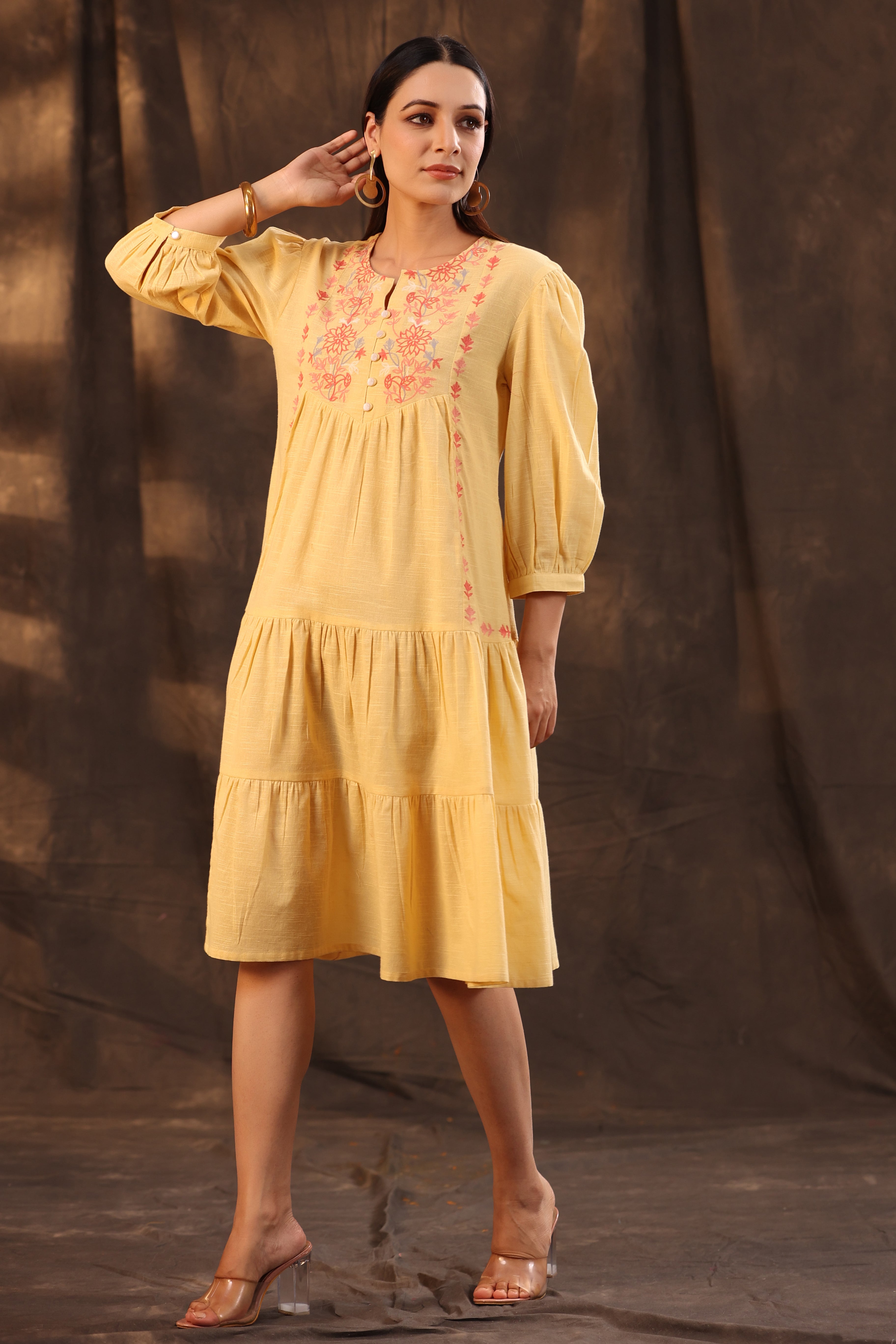 Juniper Yellow Floral Printed Cotton Slub Tiered Midi Dress With Thread Embroidery