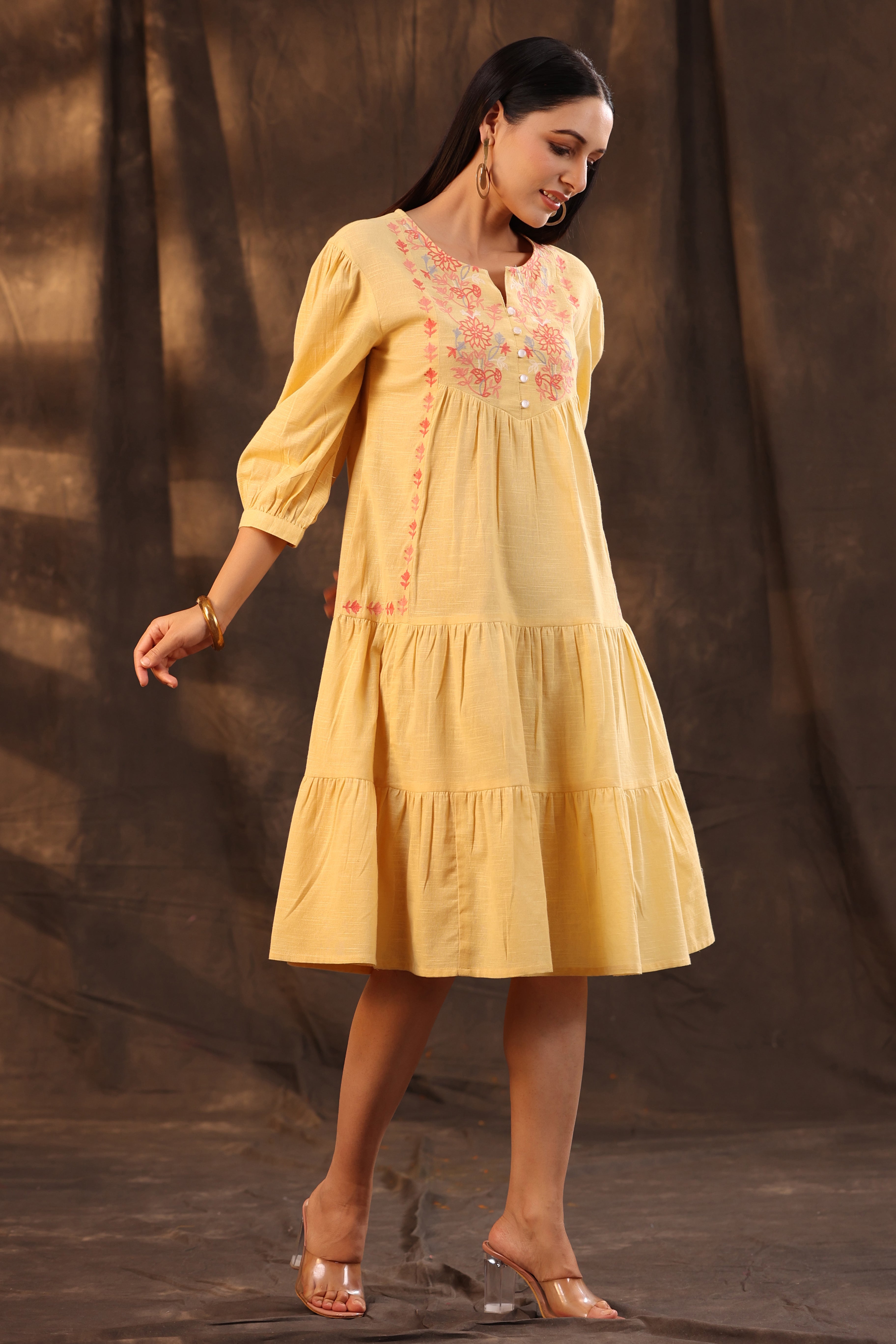 Juniper Yellow Floral Printed Cotton Slub Tiered Midi Dress With Thread Embroidery